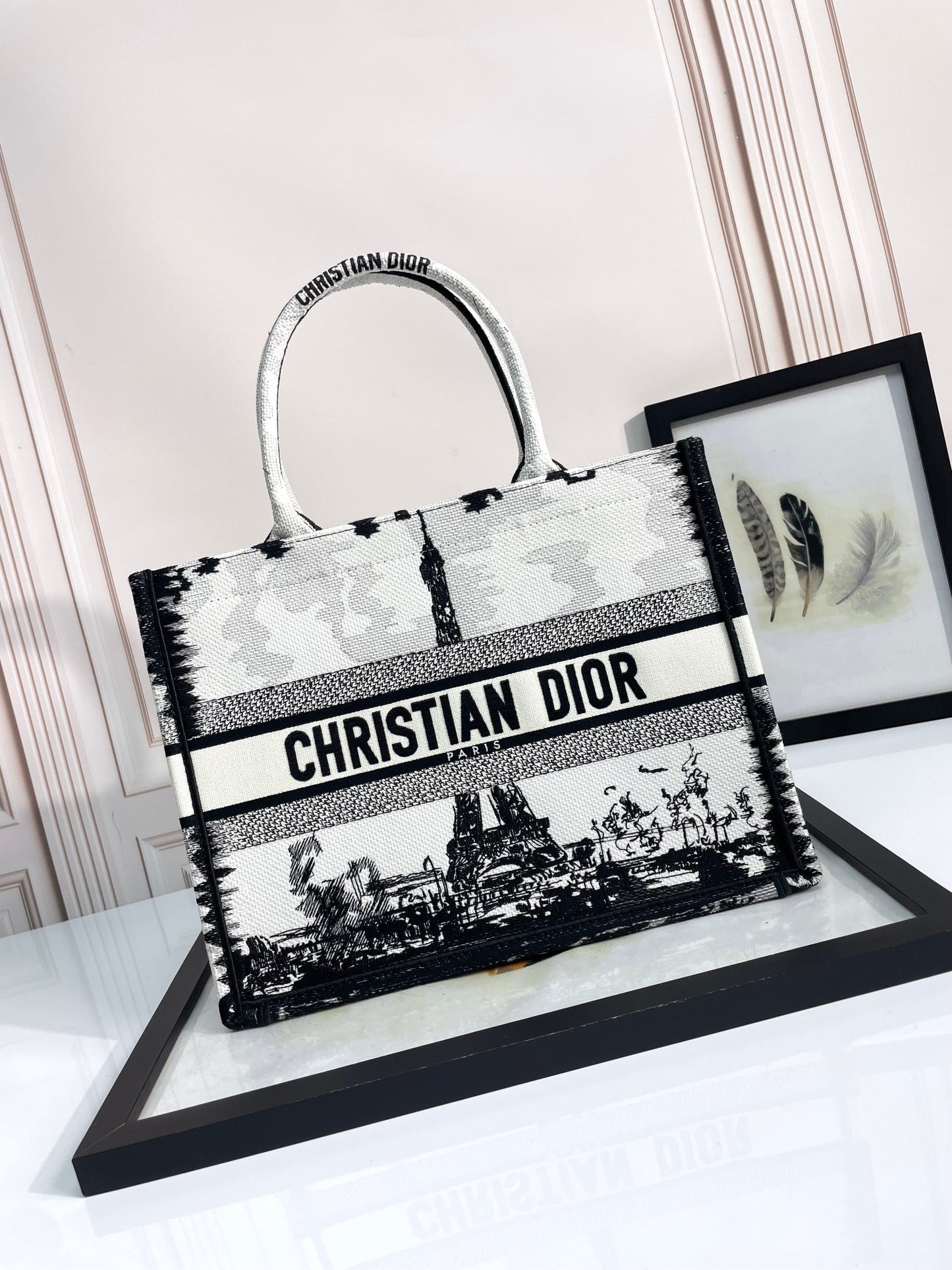 Christian Dior Book Tote Eiffel Tower Print Black and White Canvas Handbag