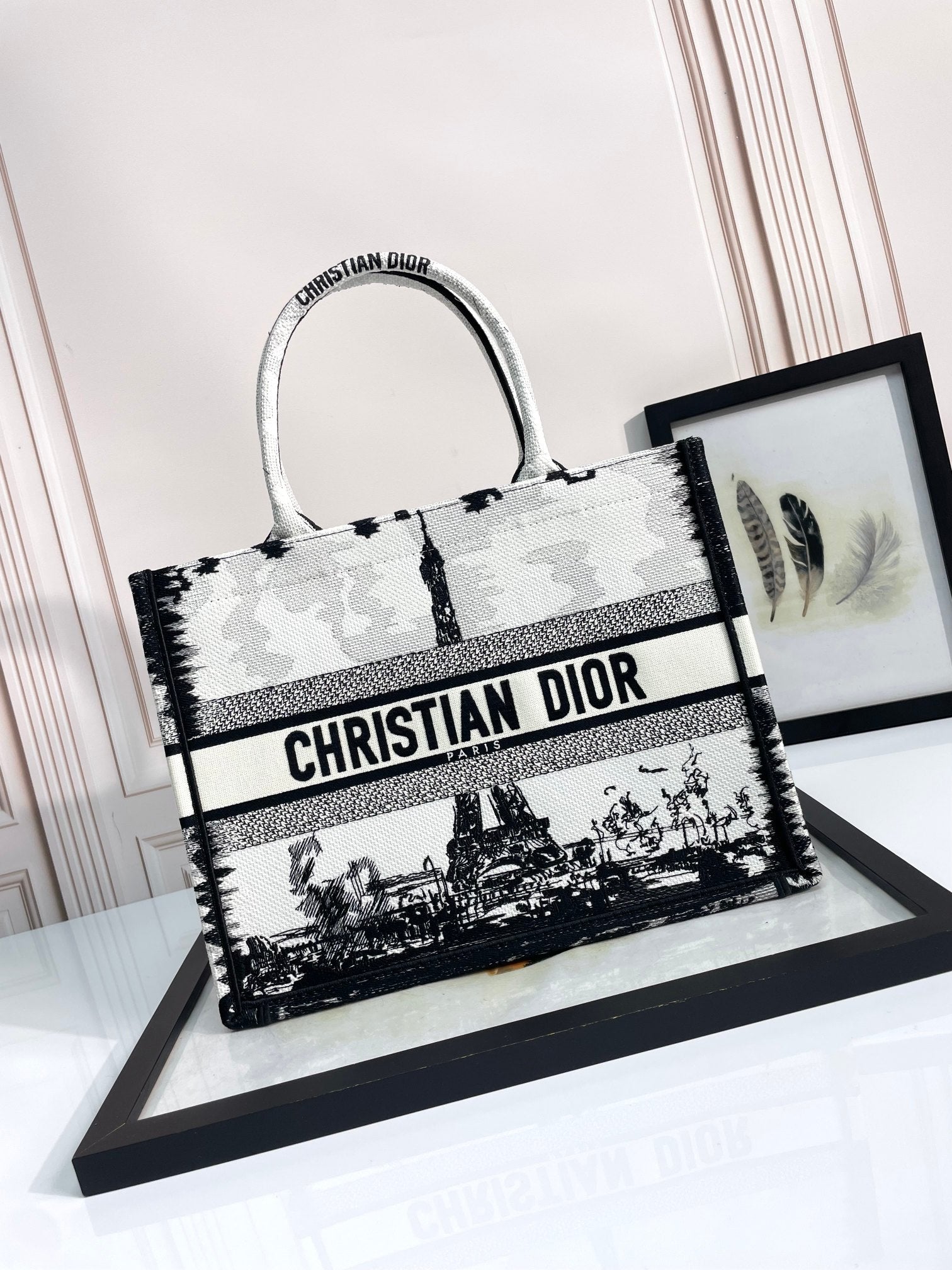 Christian Dior Book Tote Eiffel Tower Print Black and White Canvas Handbag