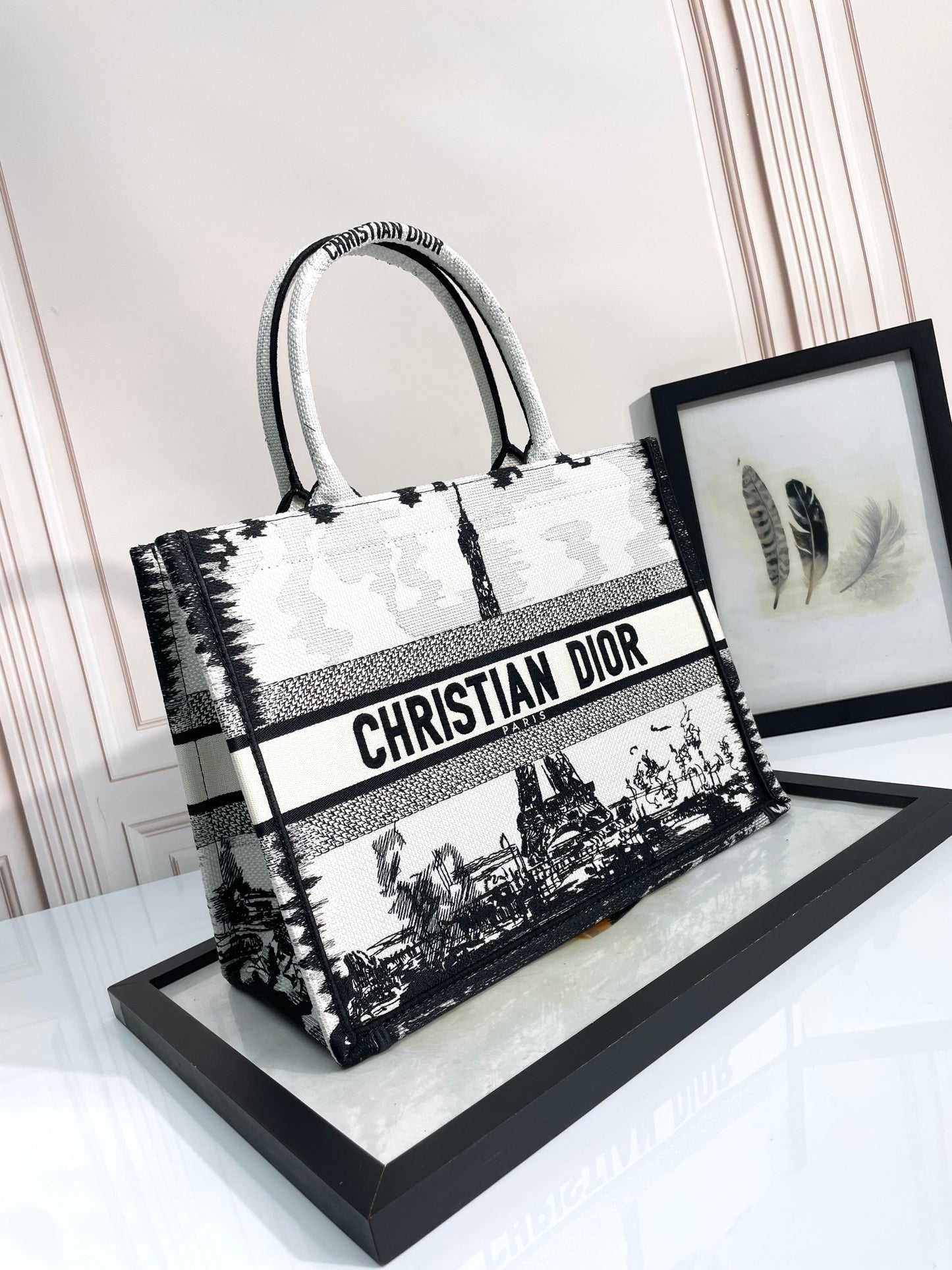 Christian Dior Paris Print Book Tote Bag - Black and White Eiffel Tower Motif