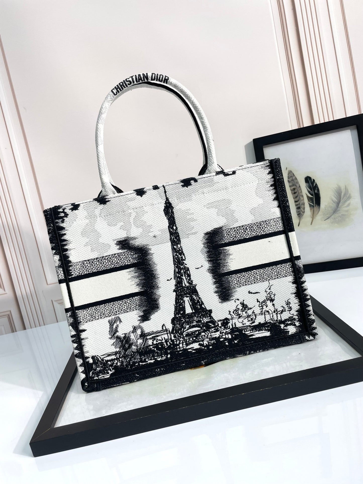 Christian Dior Book Tote Eiffel Tower Print Black and White Canvas Handbag