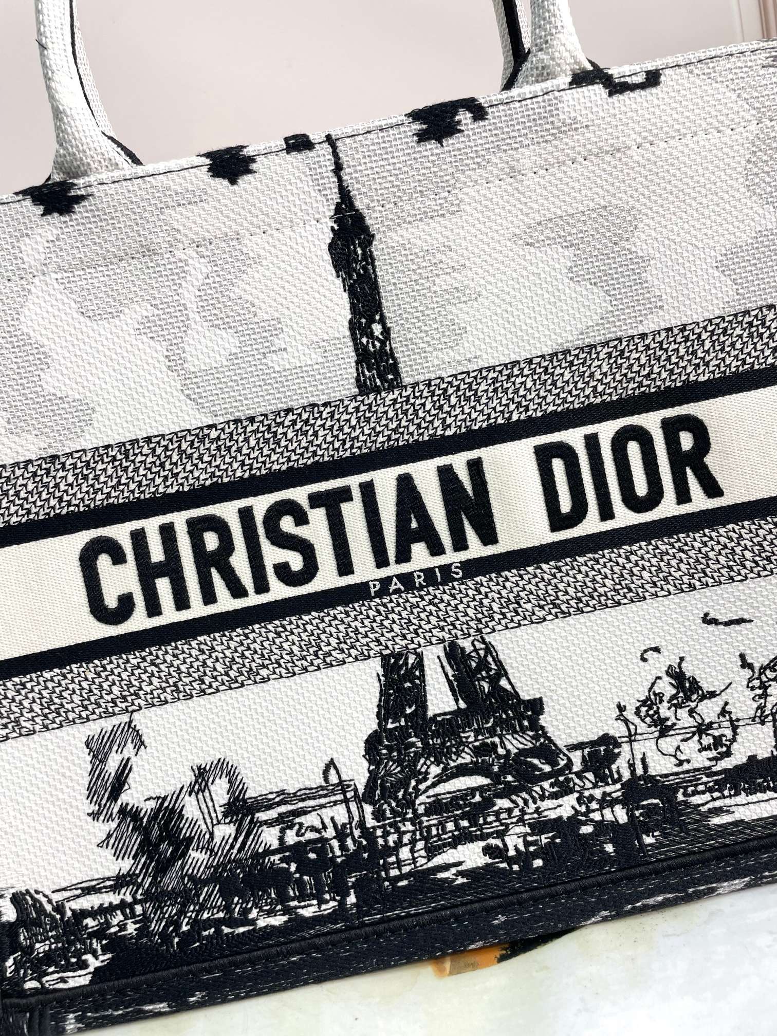 Christian Dior Book Tote Eiffel Tower Print - Large Embroidered Canvas Handbag