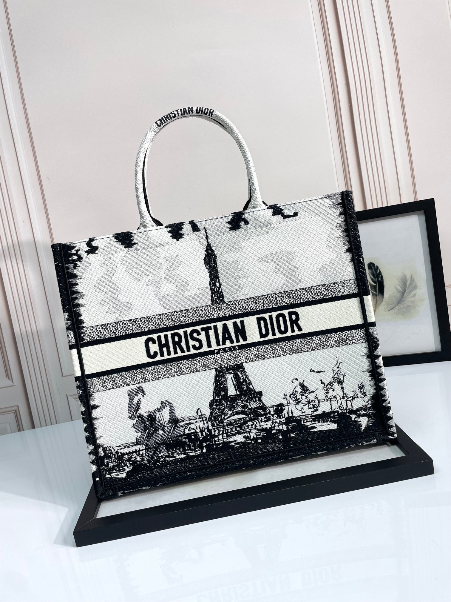 Dior Elegant Black and White Paris Eiffel Tower Canvas Tote Bag