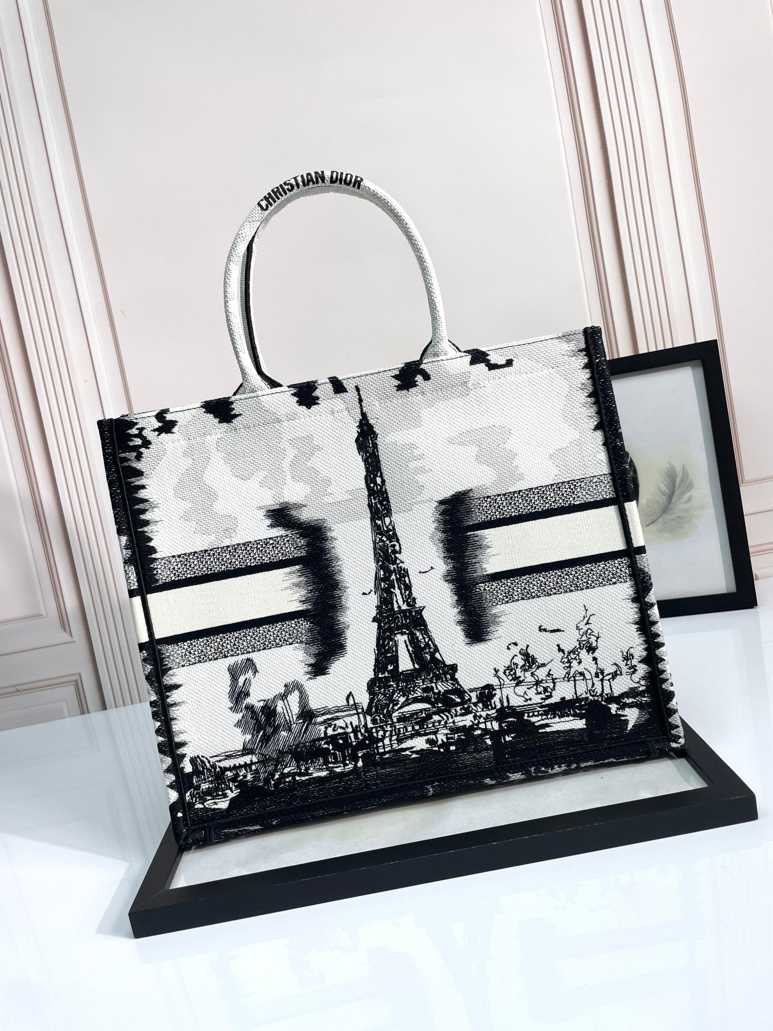 Dior Elegant Black and White Paris Eiffel Tower Canvas Tote Bag