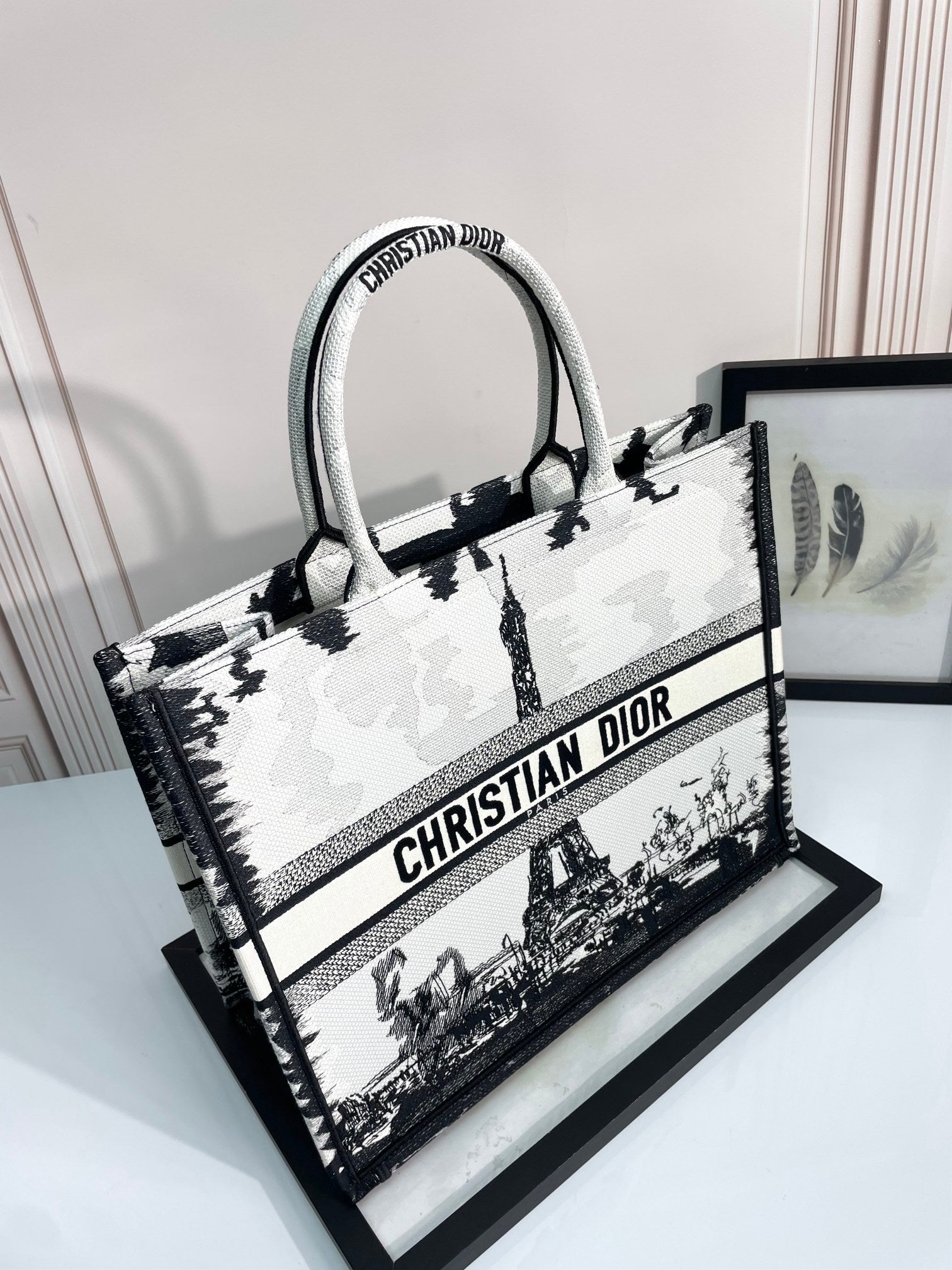 Dior Classic Black and White Paris Eiffel Tower Canvas Tote Bag