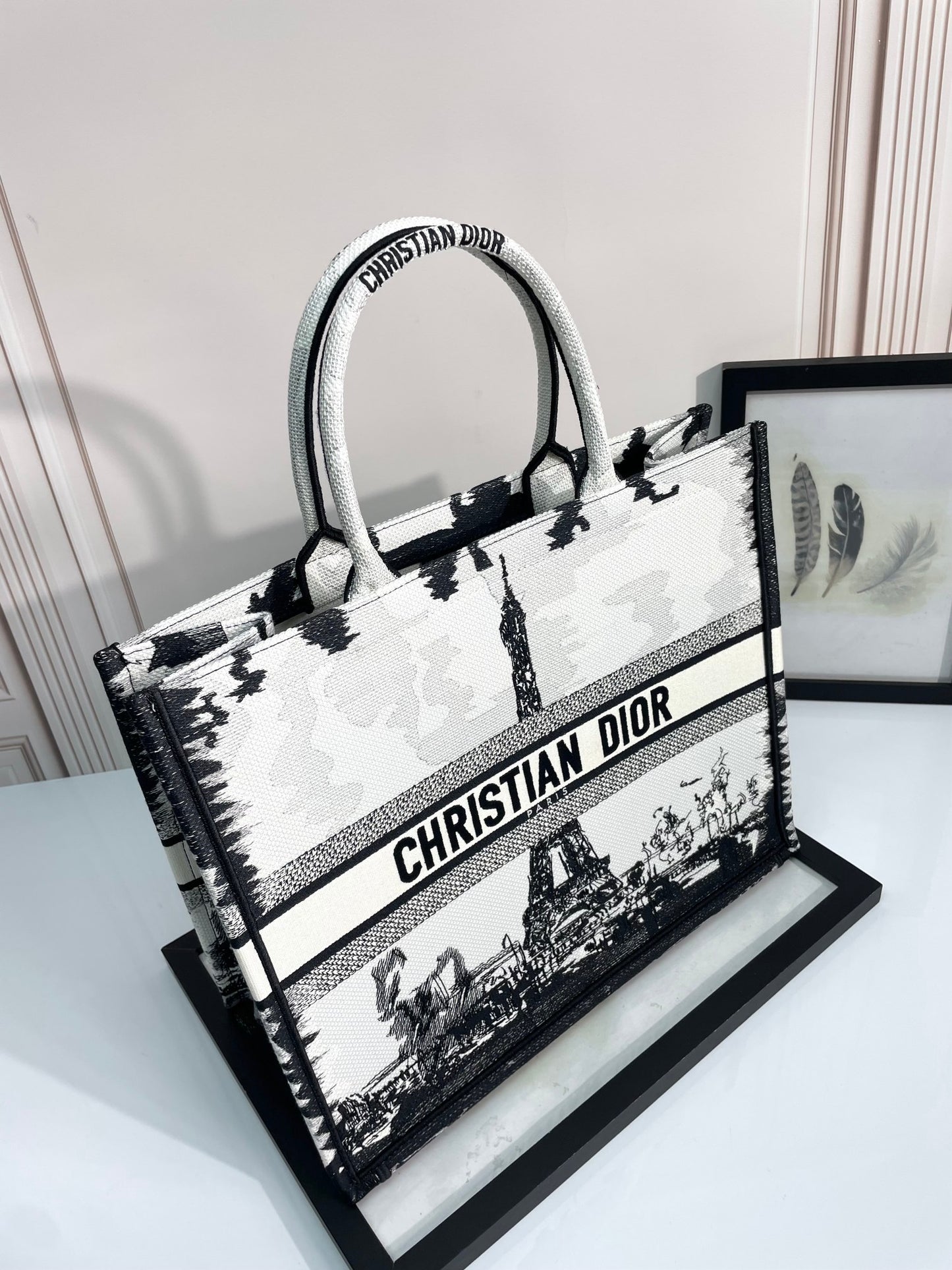 Dior Paris Eiffel Tower Graphic Canvas Tote Bag with Top Handles