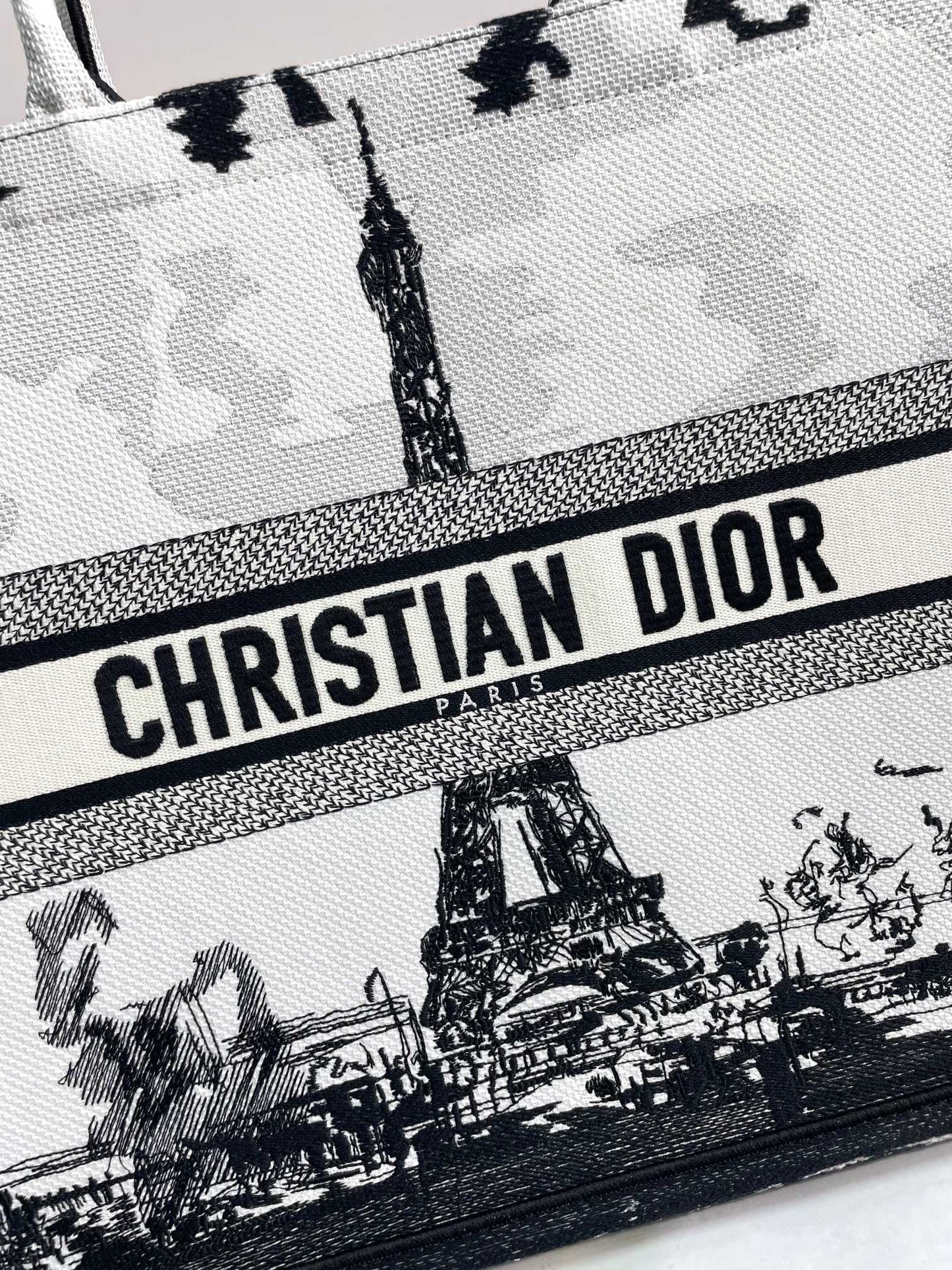 Dior Paris Eiffel Tower Graphic Canvas Tote Bag with Top Handles