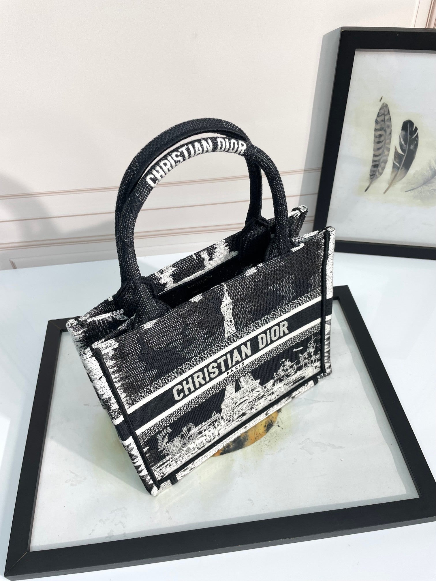 Dior Black and White Paris Eiffel Tower Embroidered Canvas Tote Bag