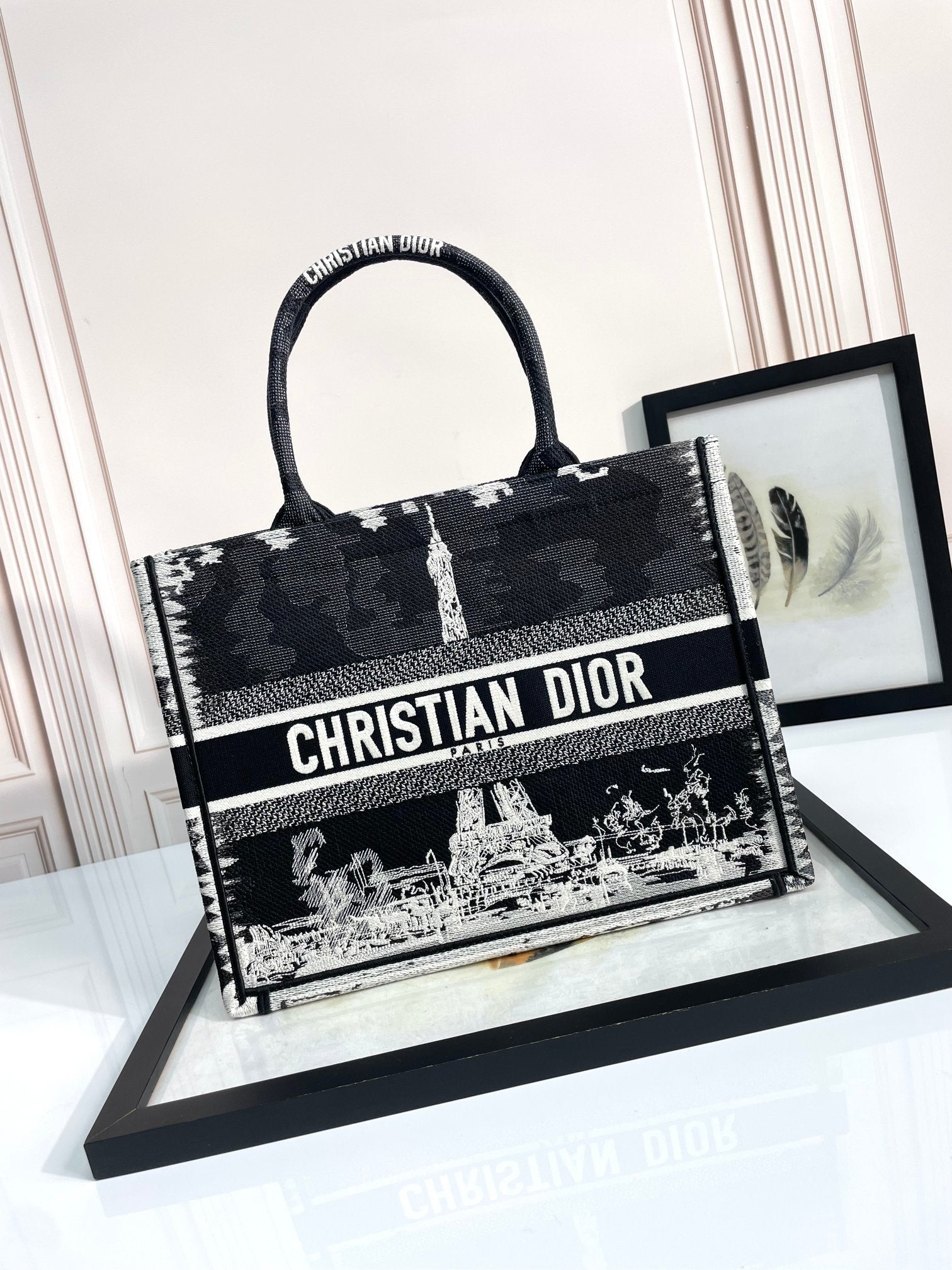 Dior Embroidered Paris Eiffel Tower Canvas Top Handle Tote Bag