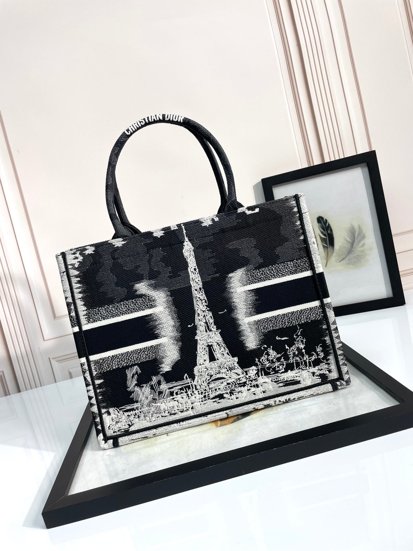 Dior Black and White Paris Eiffel Tower Canvas Tote Handbag