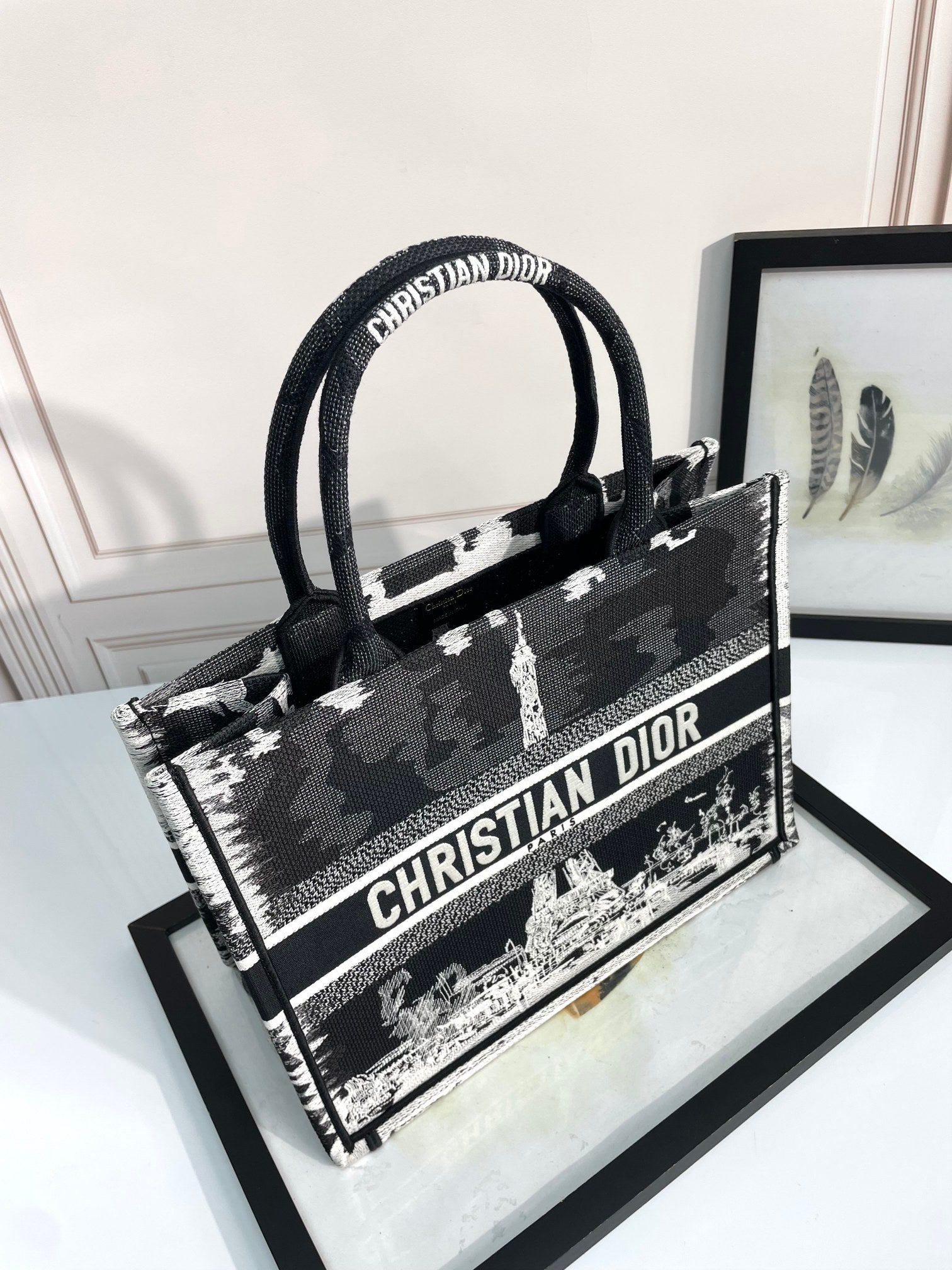 Dior Black and White Paris Eiffel Tower Embroidered Canvas Tote Bag