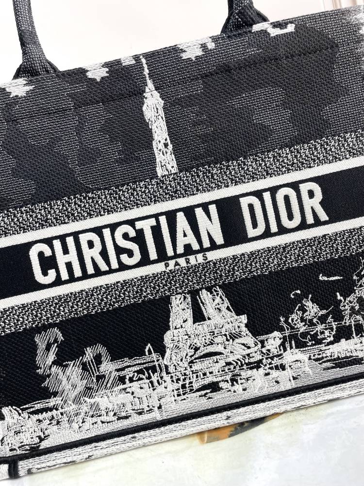 Christian Dior Medium Book Tote Plan de Paris Embroidery - Black & White