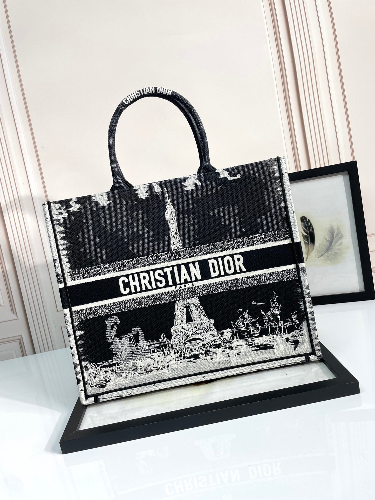 Dior Black and White Eiffel Tower Graphic Print Large Canvas Tote Bag