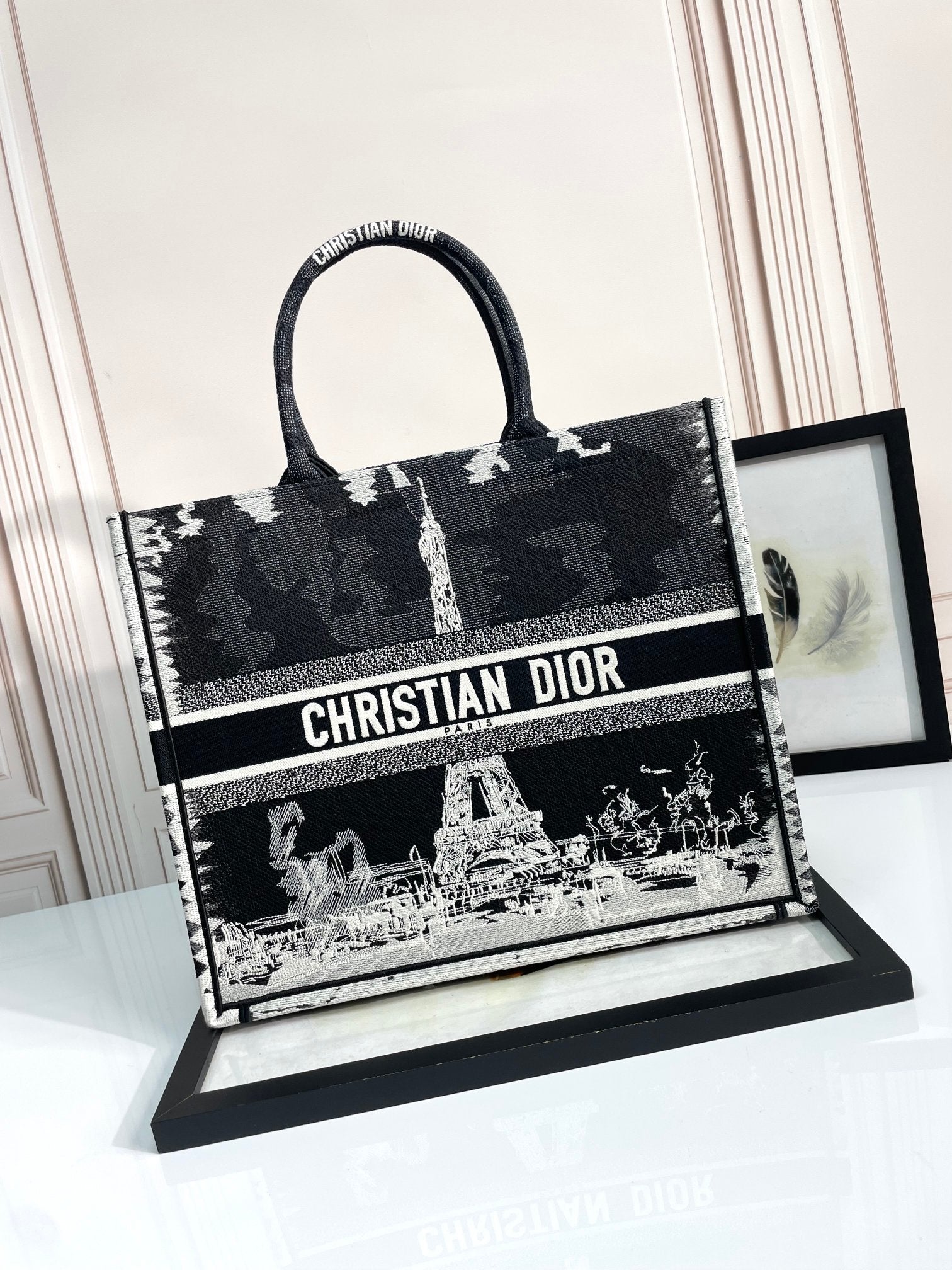 Dior Black and White Eiffel Tower Graphic Print Large Canvas Tote Bag