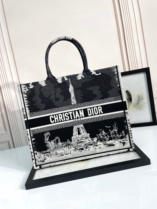 Christian Dior Large Book Tote Bag Black and White Paris Eiffel Tower Embroidery