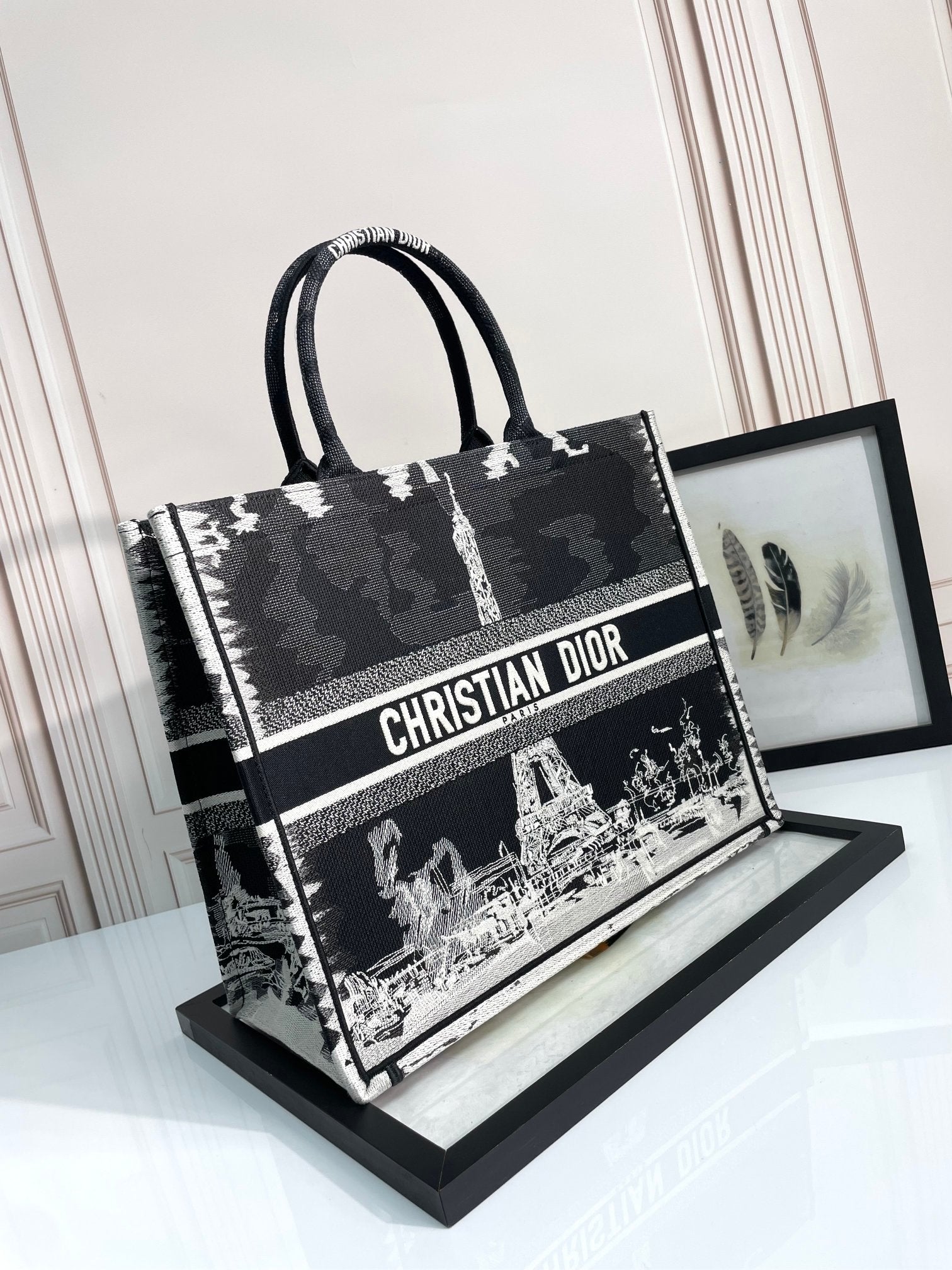 Christian Dior Book Tote Black and White Eiffel Tower Print Canvas Bag