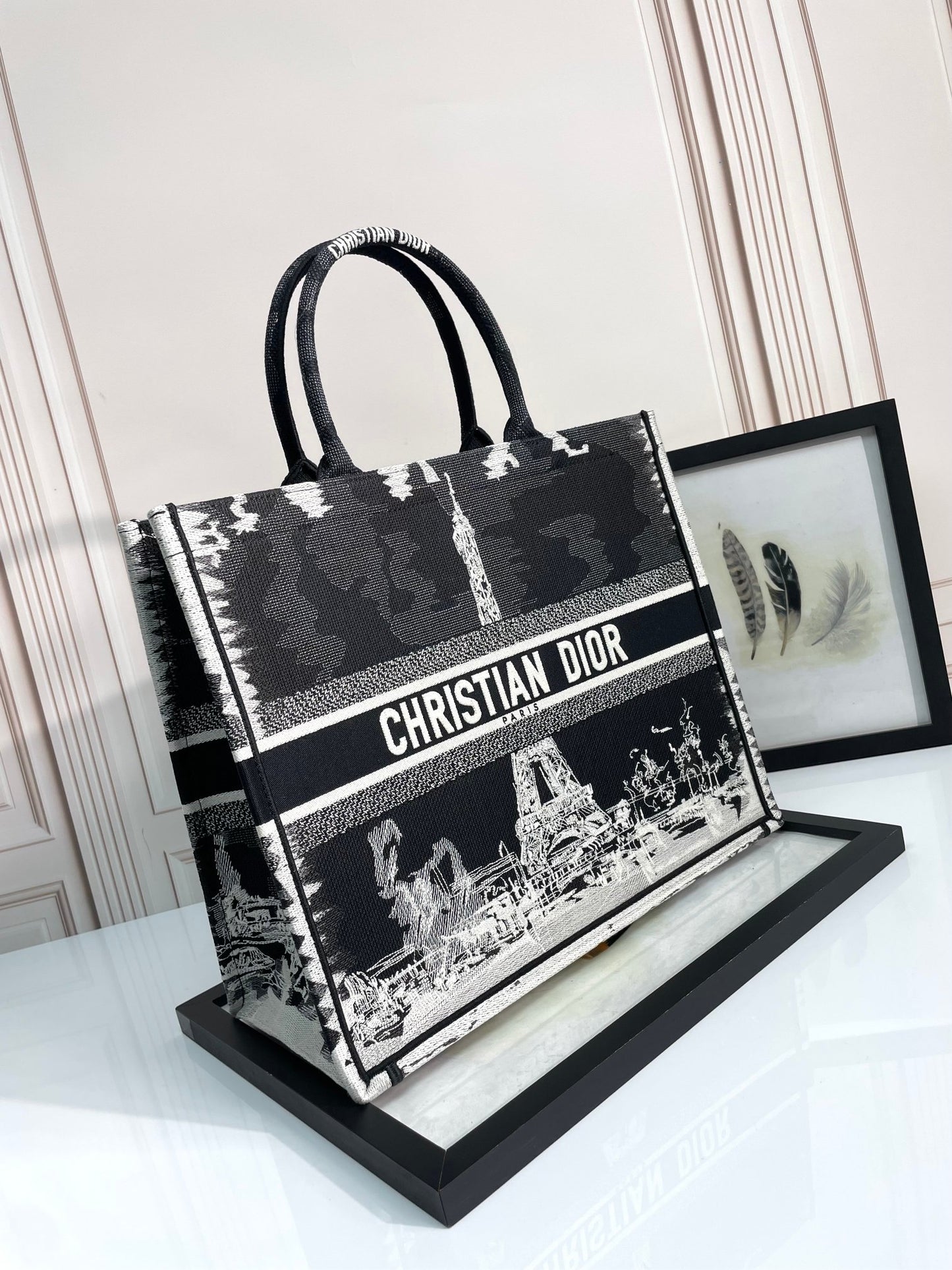 Dior Paris Eiffel Tower Canvas Tote Bag Black and White Handbag