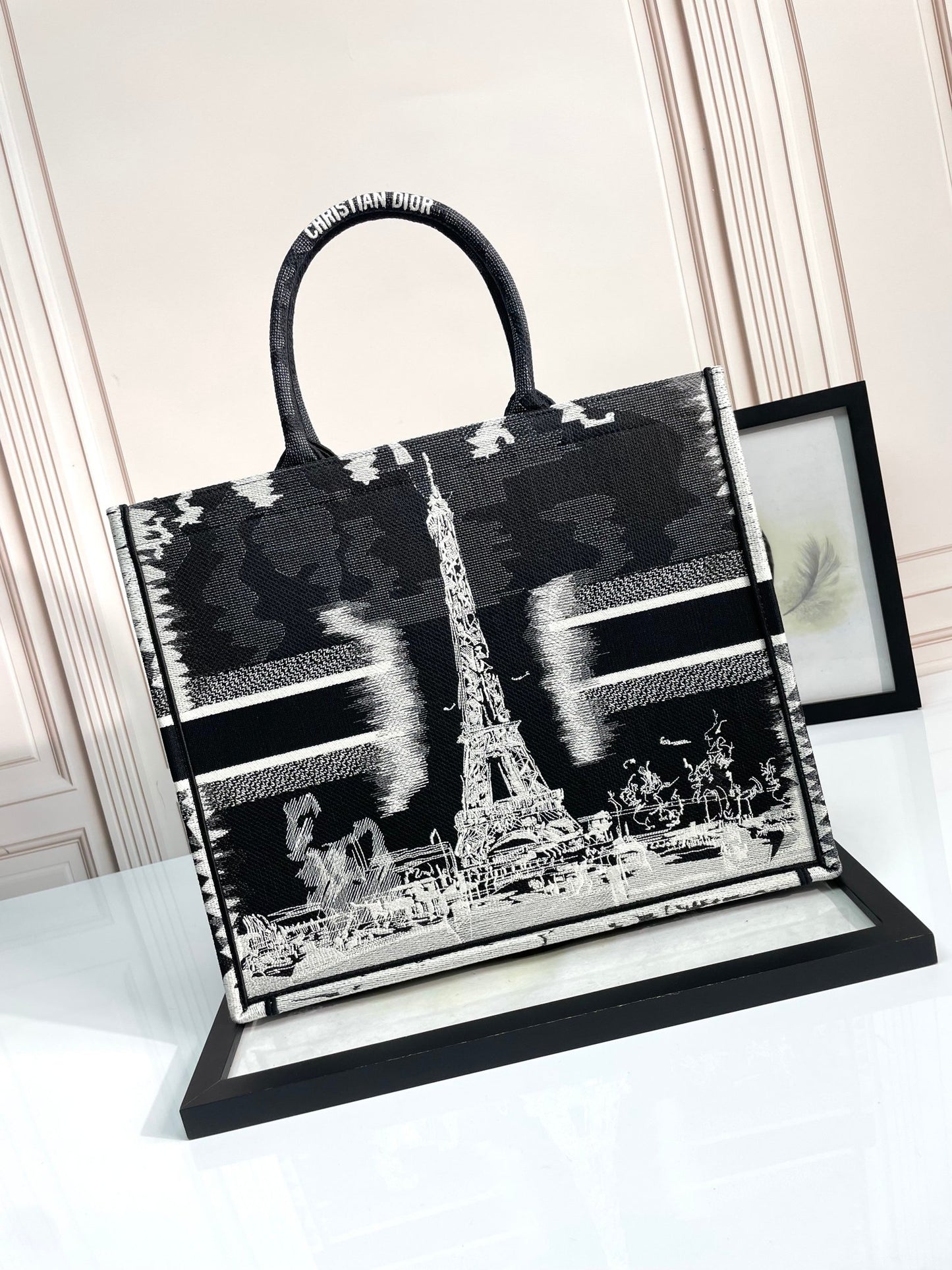 Dior Elegant Paris Eiffel Tower Embroidered Canvas Book Tote Handbag