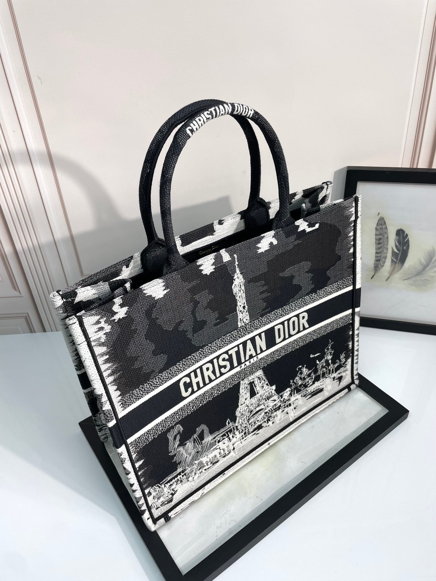 Dior Elegant Paris Eiffel Tower Embroidered Canvas Book Tote Handbag