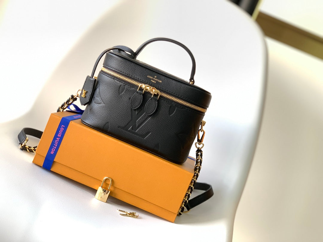 Louis Vuitton Luxury Black Embossed Leather Vanity Case Handbag with Strap