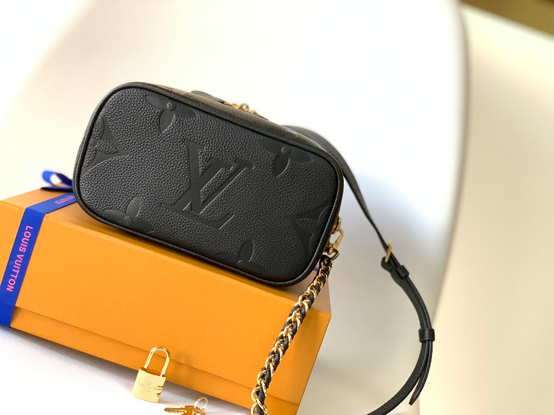 Louis Vuitton Luxury Black Embossed Leather Vanity Case Handbag with Strap