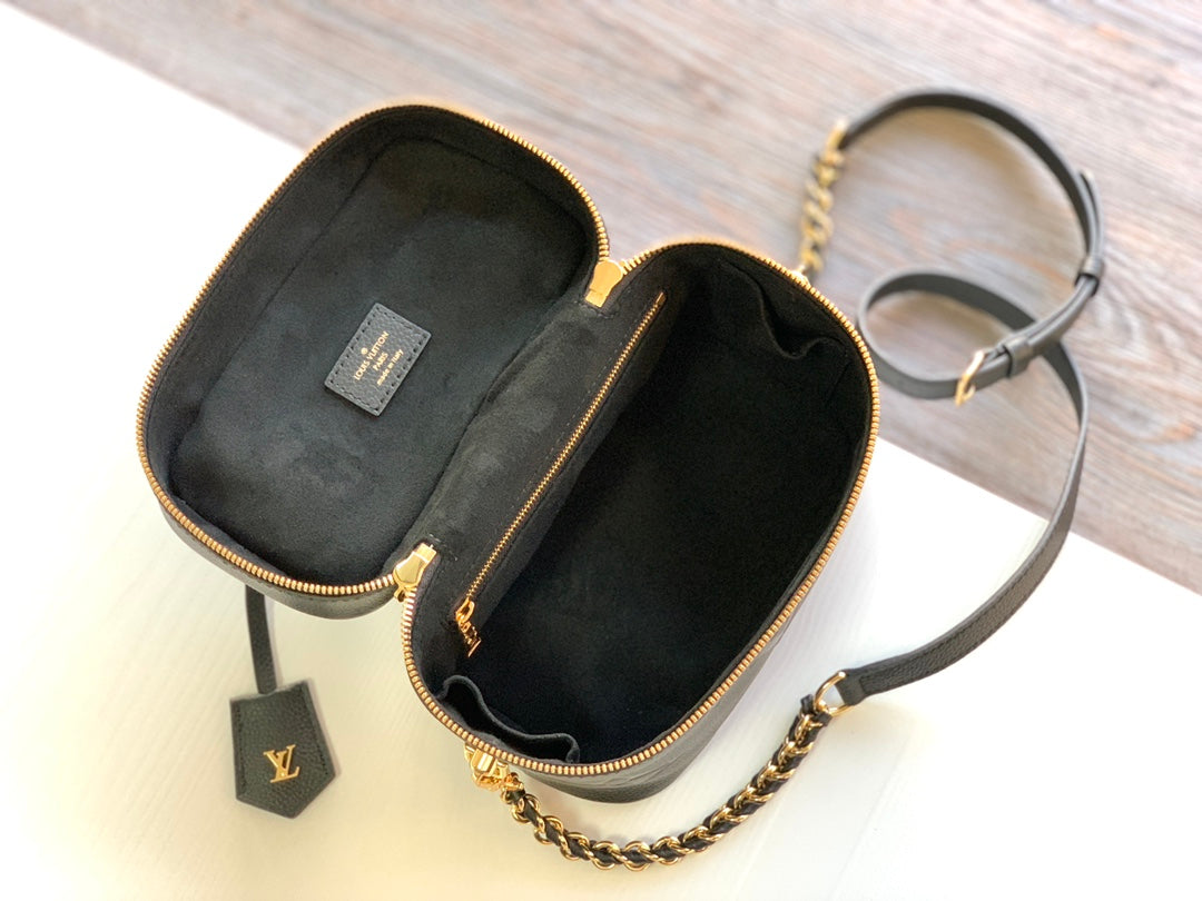 Louis Vuitton Luxury Black Embossed Leather Vanity Case Handbag with Strap