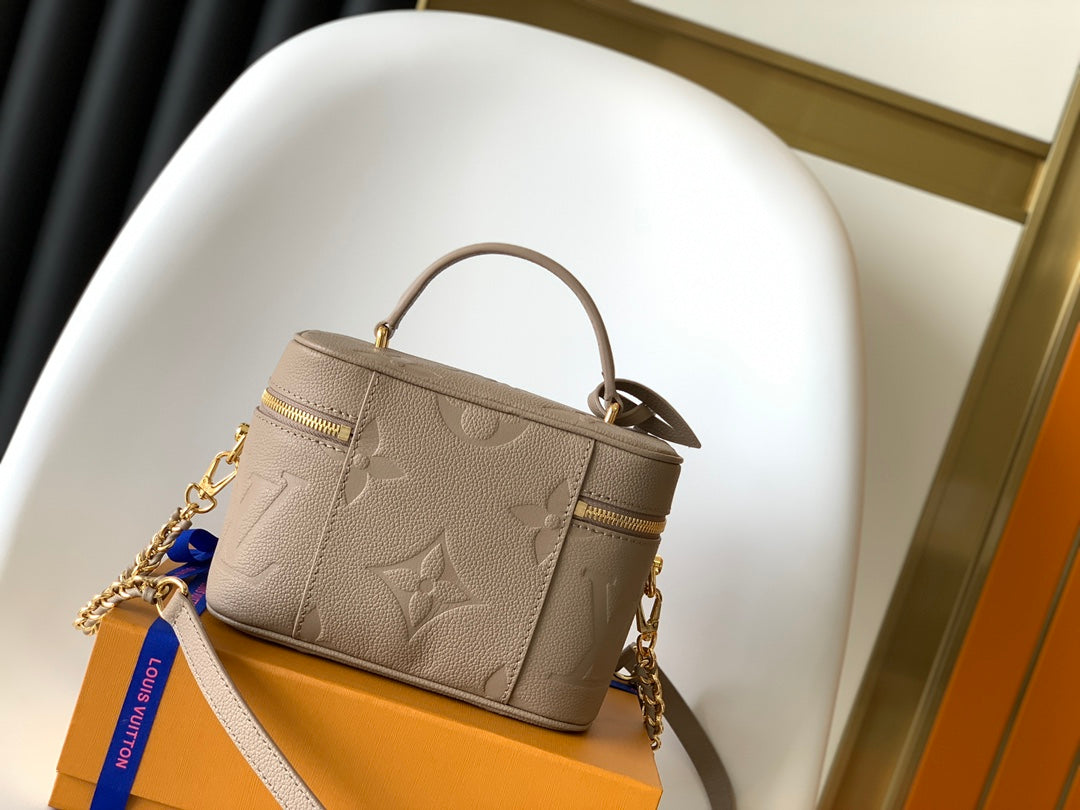 Louis Vuitton Taupe Embossed Leather Vanity Case Bag with Top Handle
