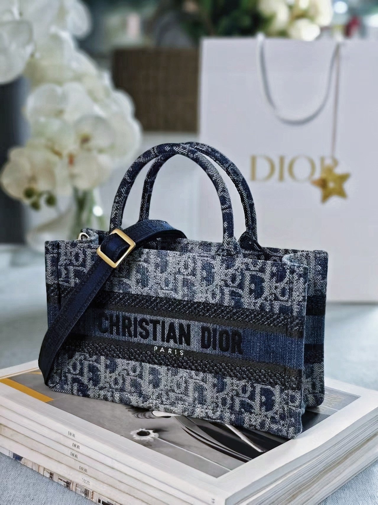 Dior Blue Monogram Embroidered Canvas Tote Bag with Removable Strap