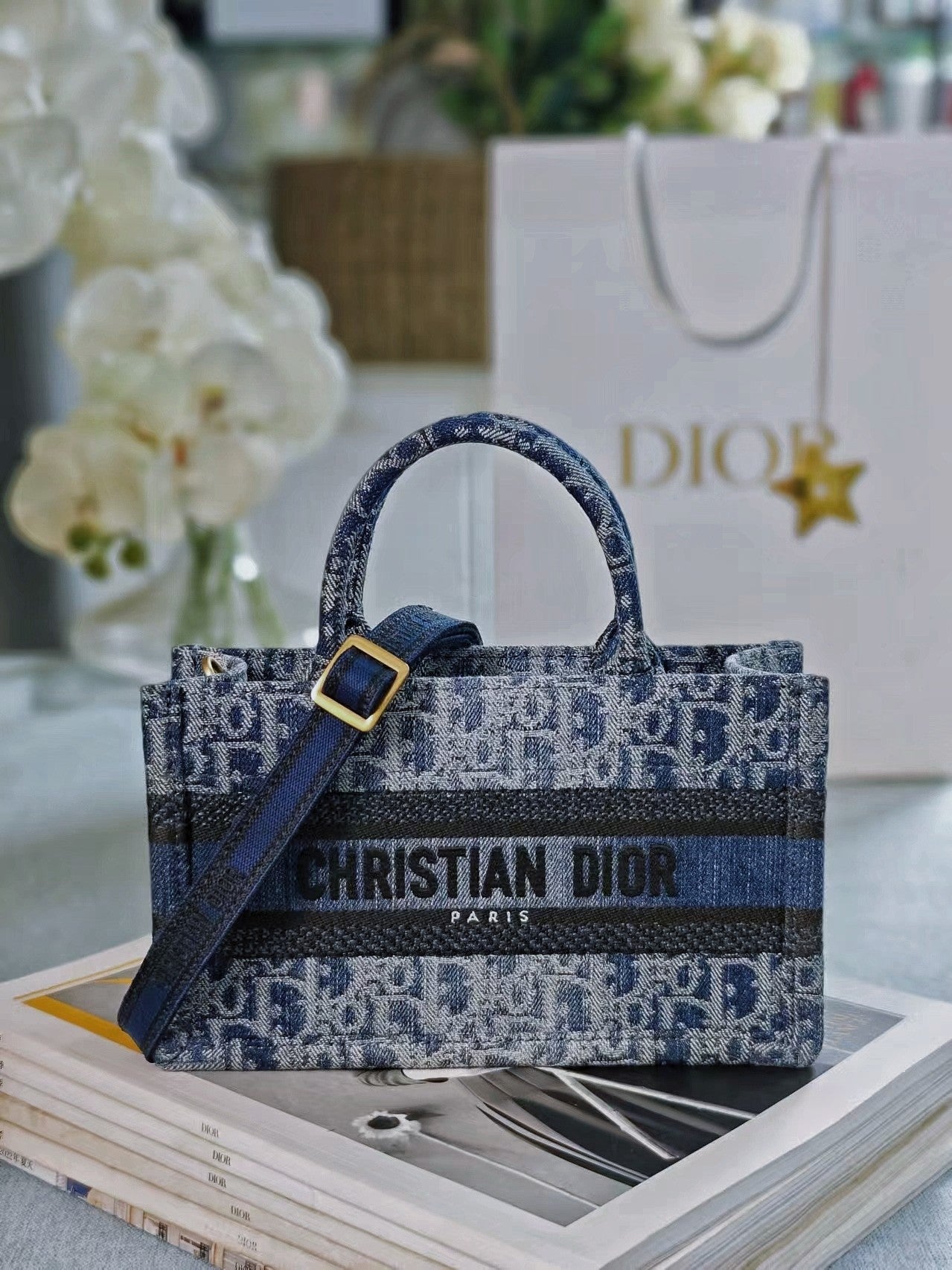 Dior Blue Monogram Embroidered Canvas Tote Bag with Removable Strap