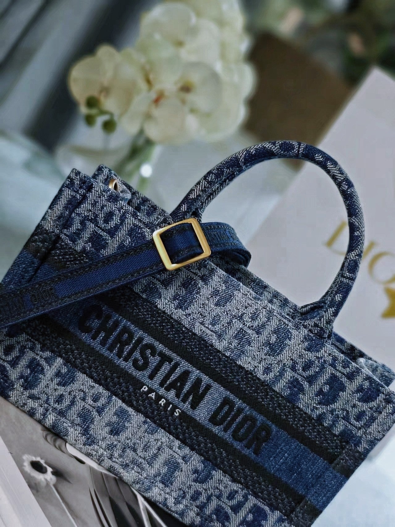Dior Blue Monogram Embroidered Canvas Tote Bag with Removable Strap