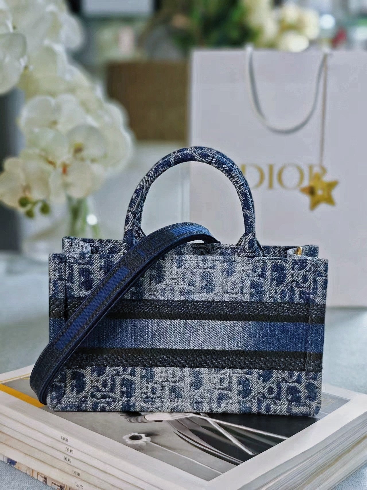 Dior Blue Monogram Embroidered Canvas Tote Bag with Removable Strap
