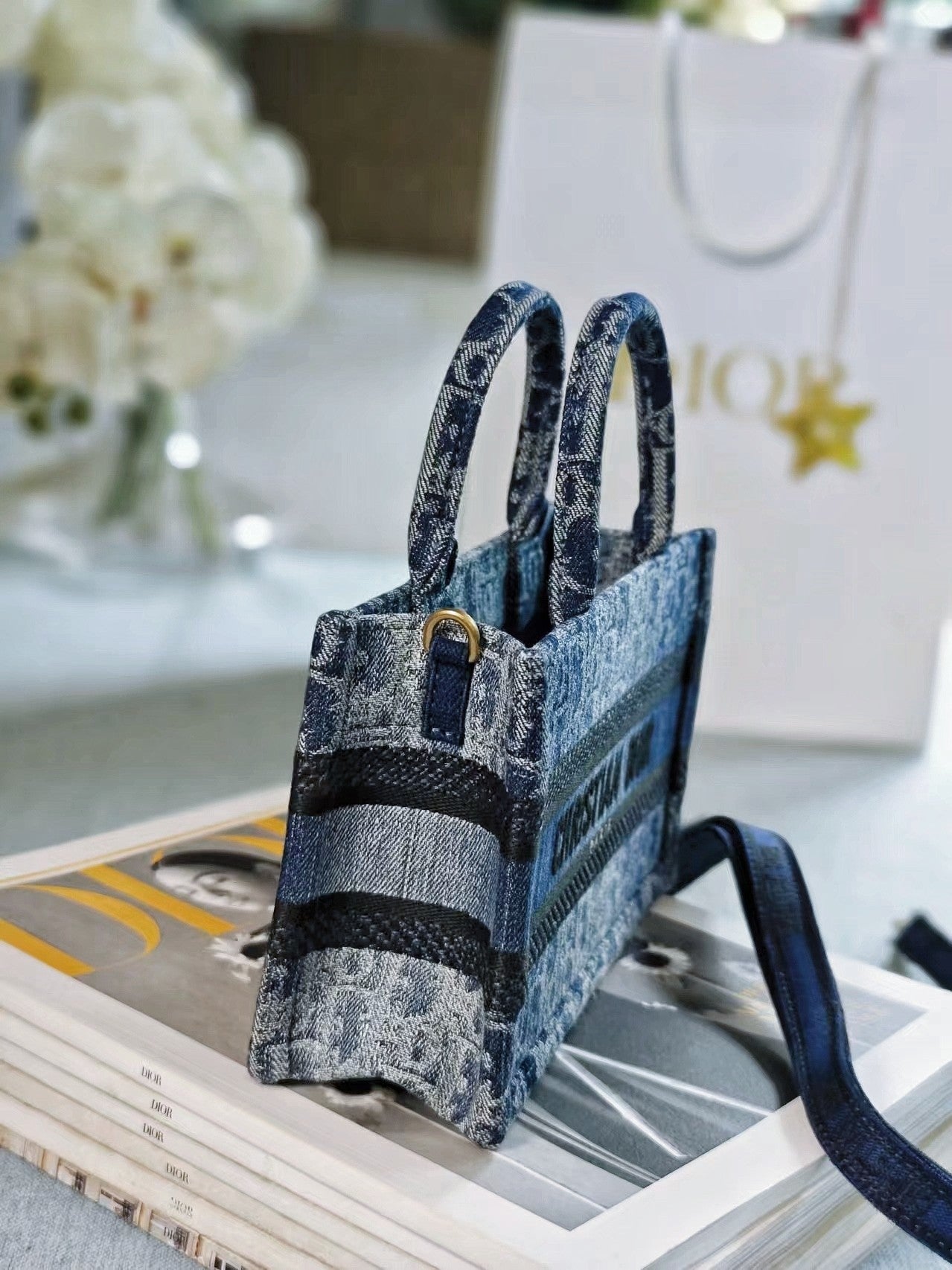 Dior Blue Monogram Embroidered Canvas Tote Bag with Removable Strap