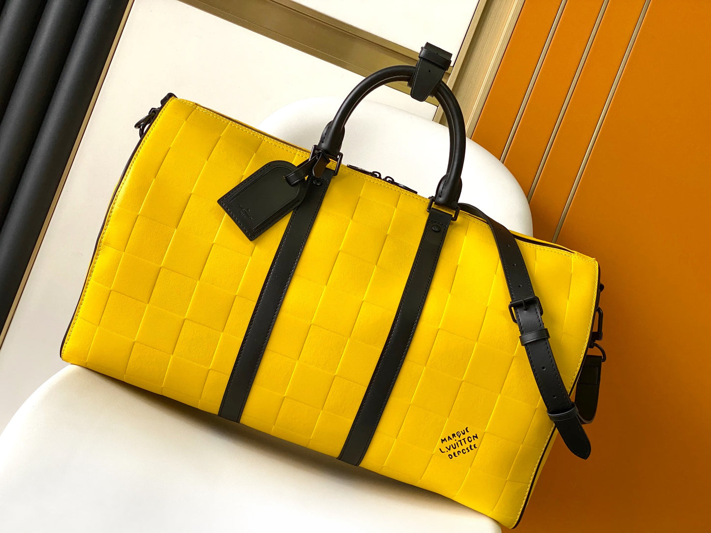 Louis Vuitton Yellow Checkered Weekender Duffle Bag with Black Leather Straps