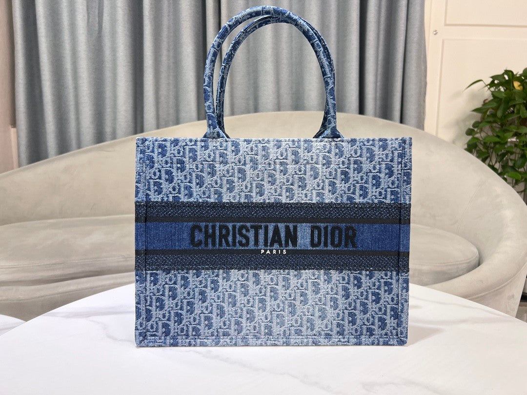 Dior Structured Blue Monogram Canvas Tote Bag with Top Handles