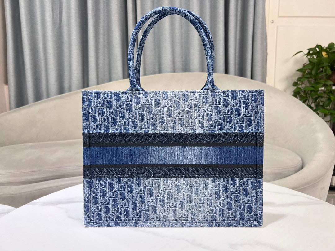 Dior Structured Blue Monogram Canvas Tote Bag with Top Handles