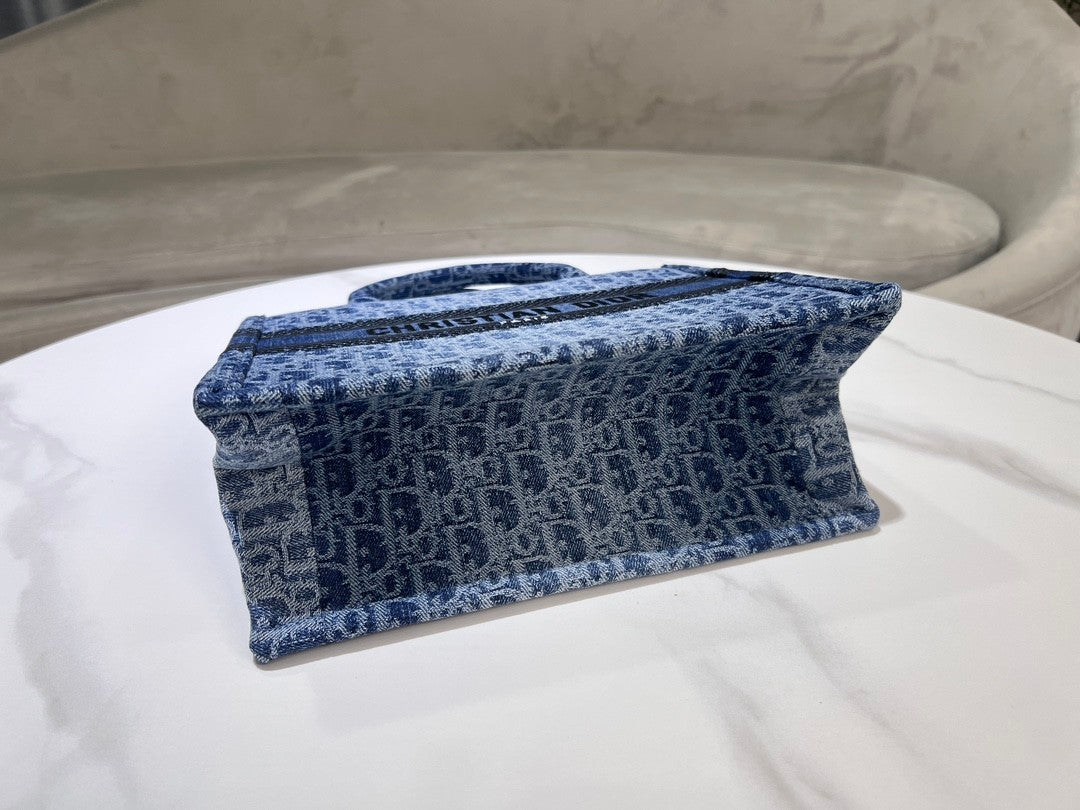 Dior Blue Monogram Embroidered Canvas Tote Bag Top Handle Handbag