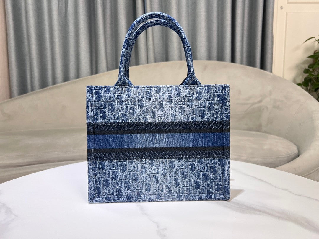 Dior Blue Monogram Embroidered Canvas Tote Bag Top Handle Handbag