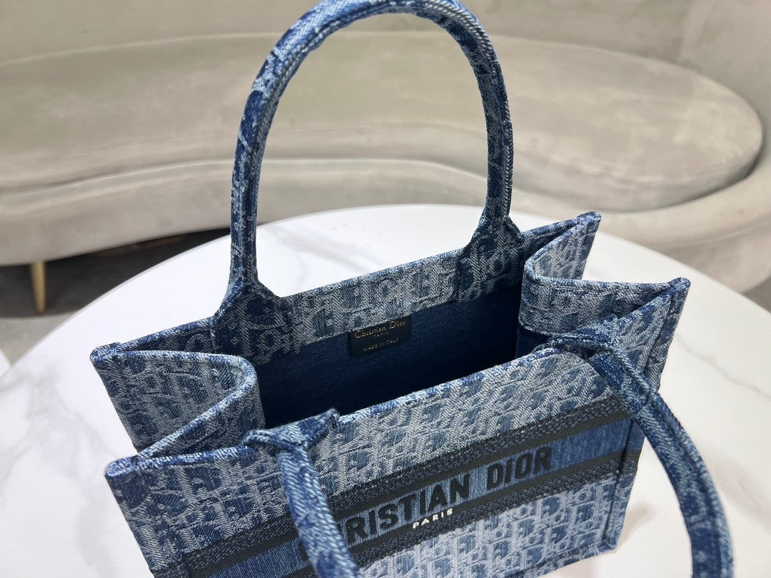 Dior Blue Monogram Embroidered Canvas Tote Bag Top Handle Handbag