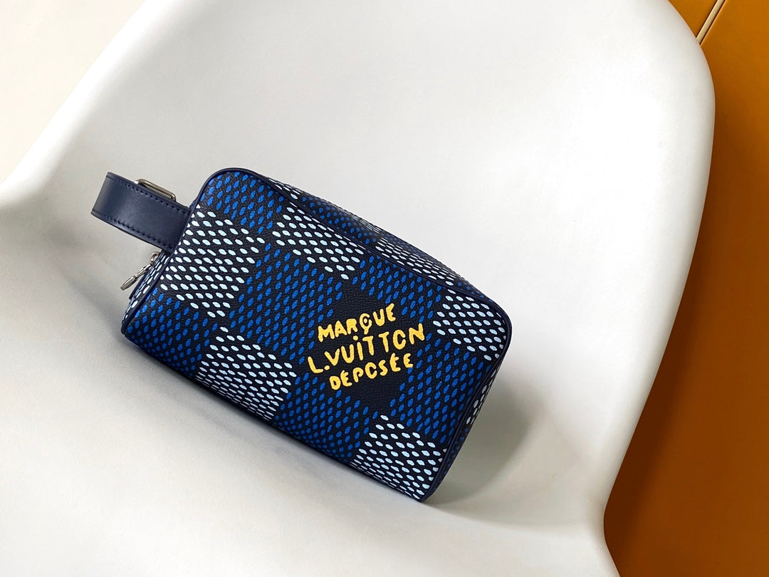 Louis Vuitton Blue Checkered Travel Toiletry Bag Dopp Kit with Handle