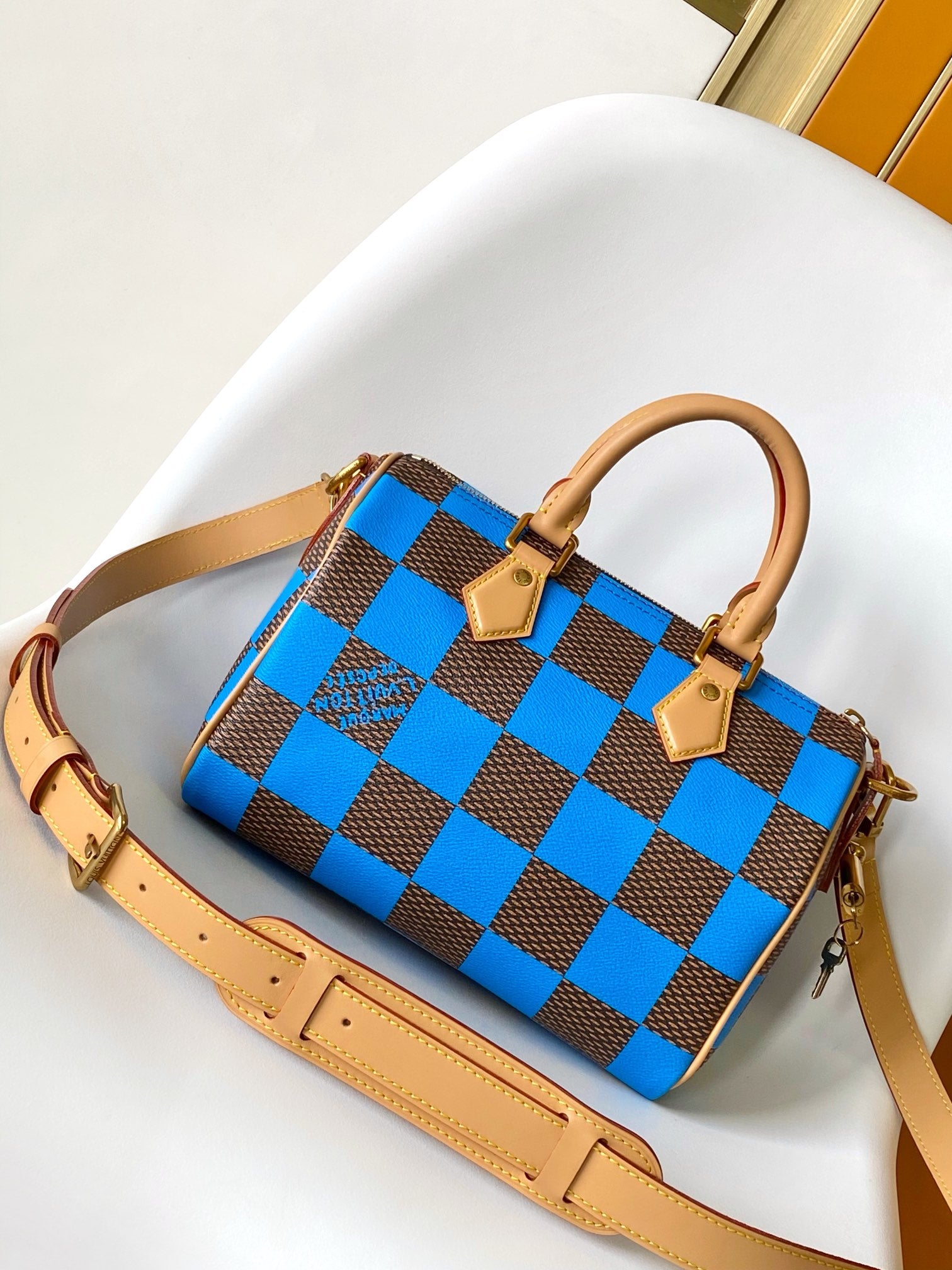 Louis Vuitton Blue and Brown Checkerboard Leather Duffle Bag with Shoulder Strap