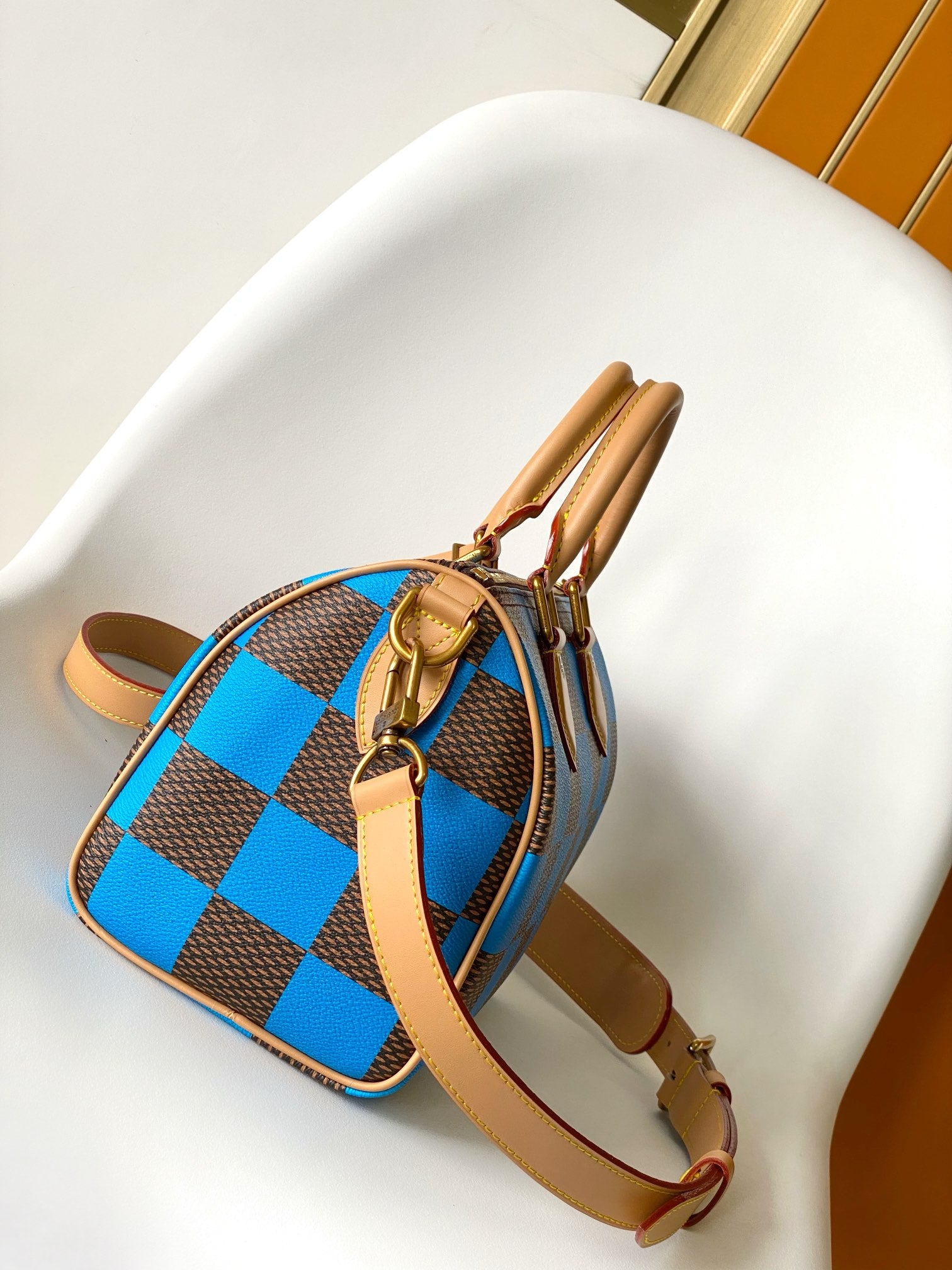 Louis Vuitton Blue and Brown Checkerboard Leather Duffle Bag with Shoulder Strap