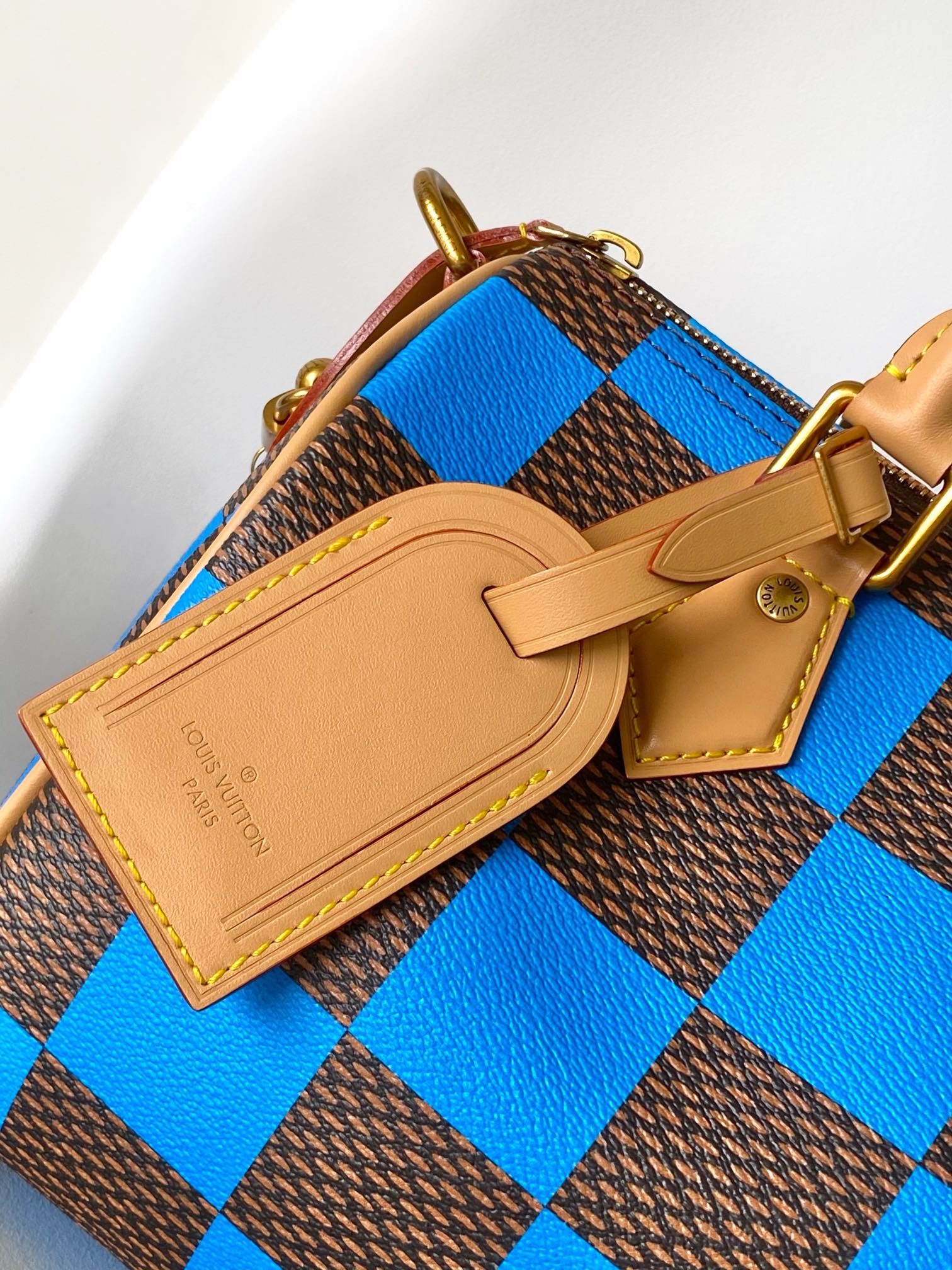Louis Vuitton Blue and Brown Checkerboard Leather Duffle Bag with Shoulder Strap