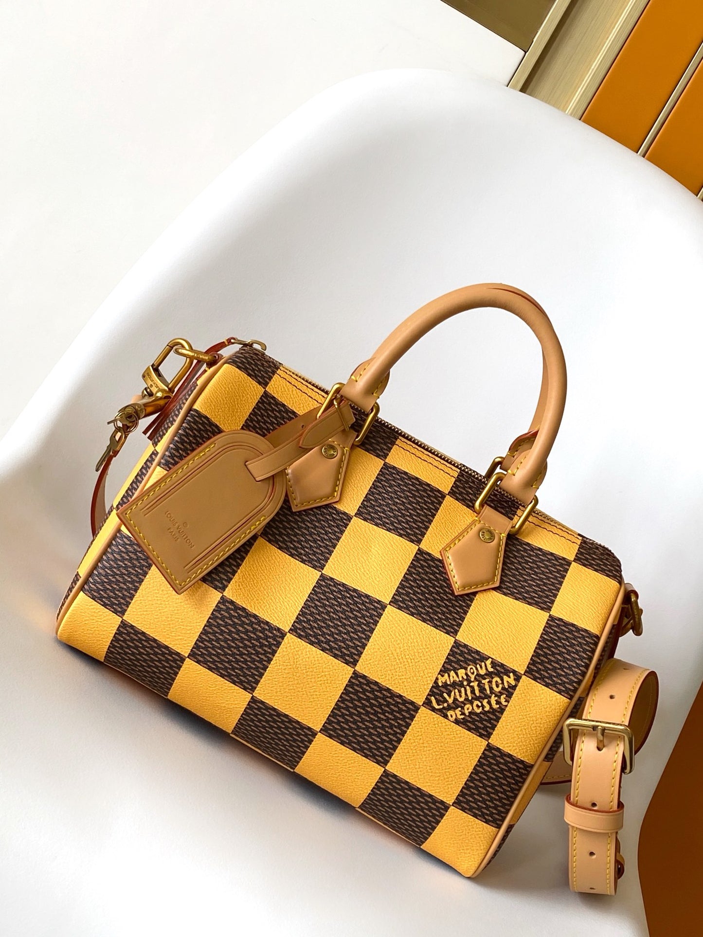Louis Vuitton Yellow and Brown Checkered Boston Handbag with Shoulder Strap