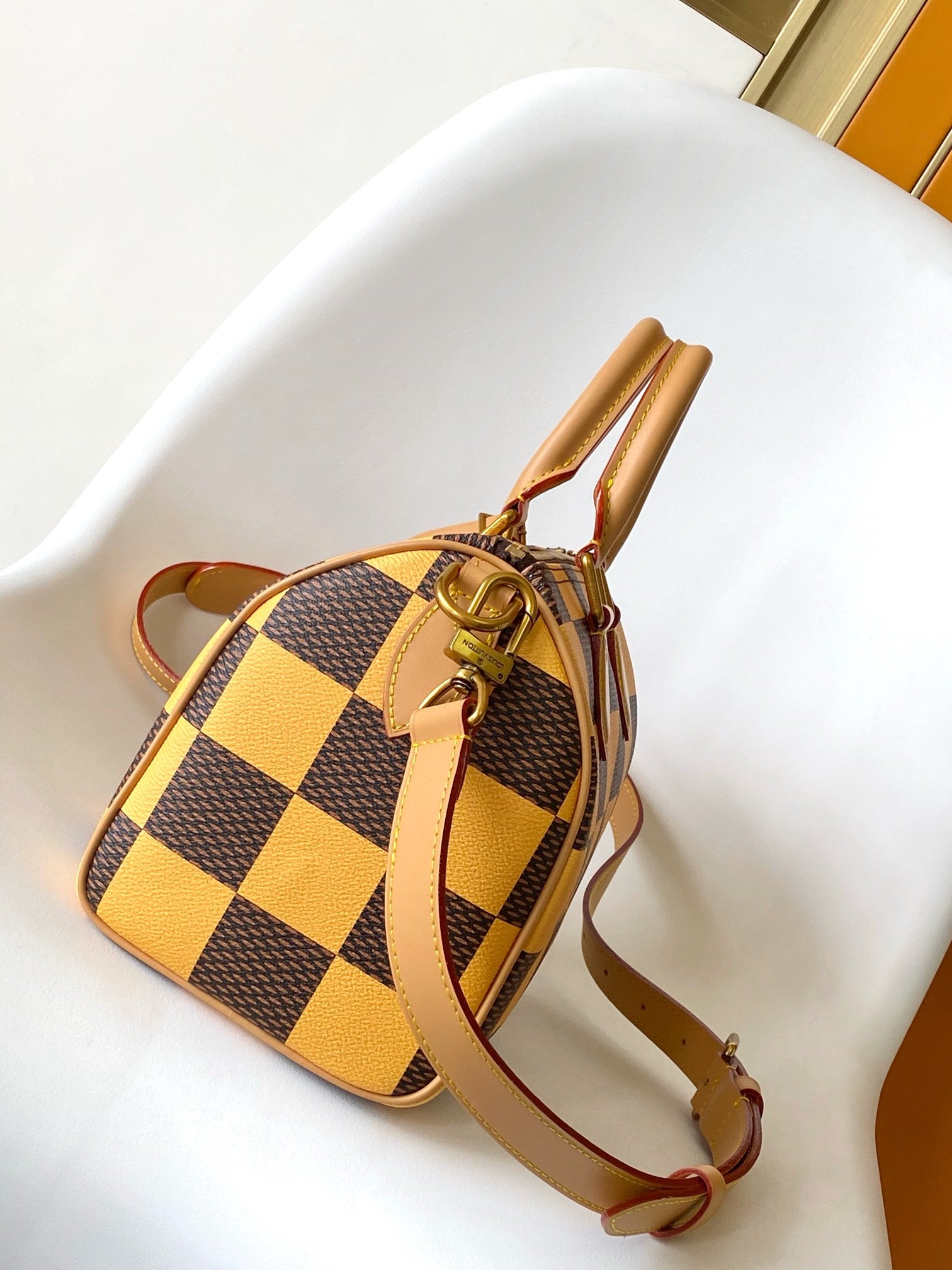 Louis Vuitton Yellow and Brown Checkered Boston Handbag with Shoulder Strap