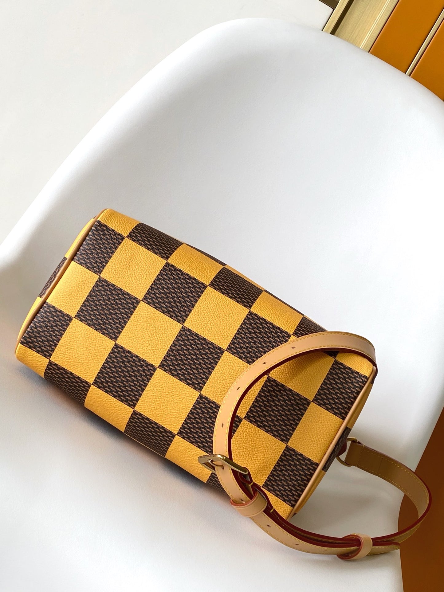 Louis Vuitton Yellow and Brown Checkered Boston Handbag with Shoulder Strap
