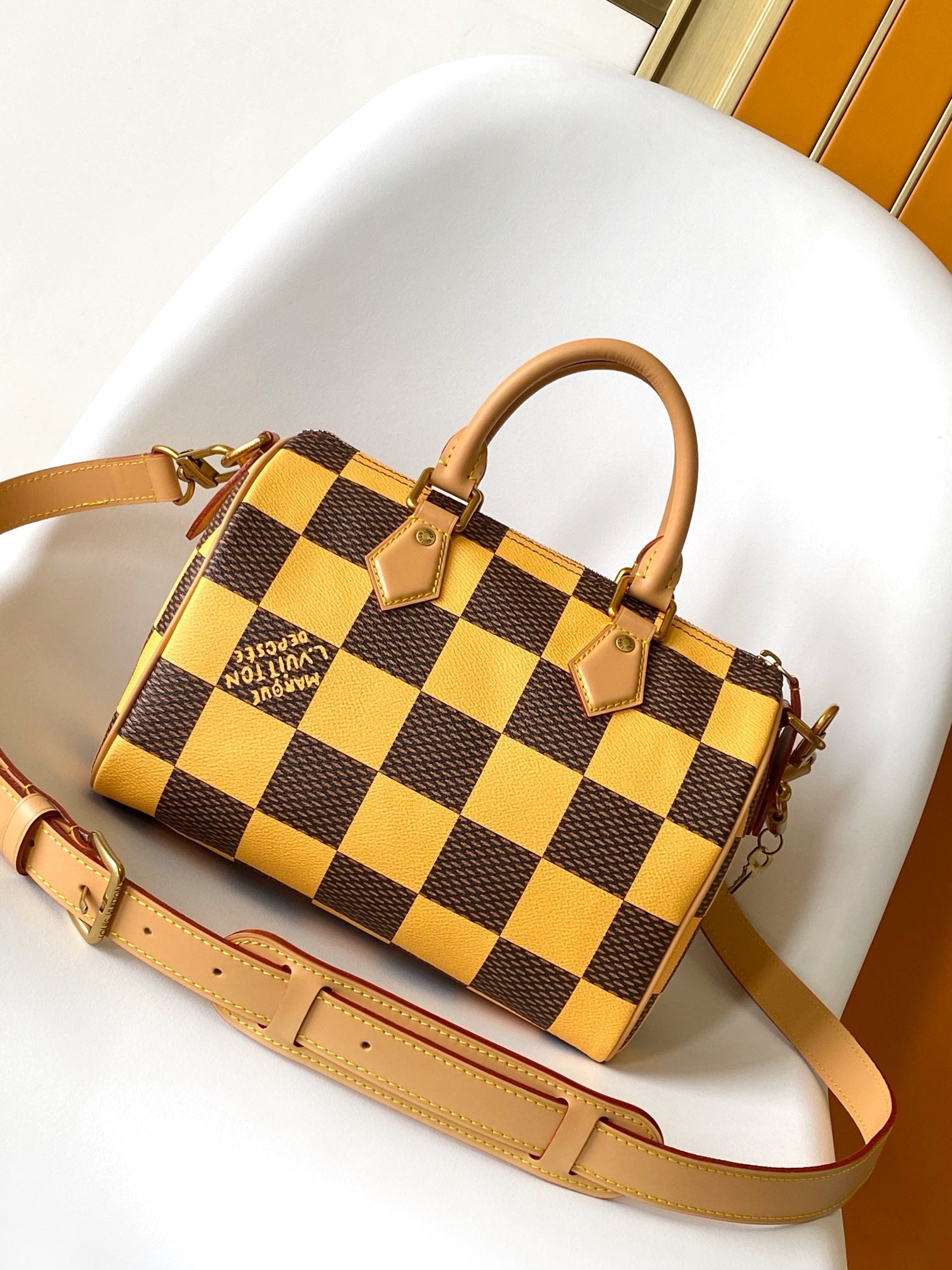 Louis Vuitton Yellow and Brown Checkered Boston Handbag with Shoulder Strap