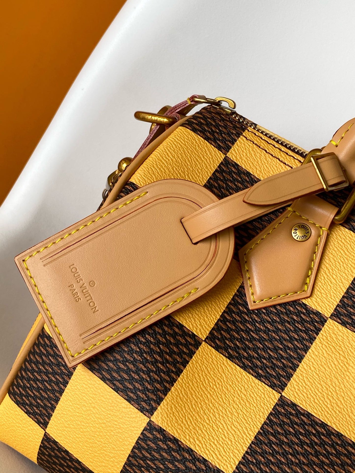 Louis Vuitton Yellow and Brown Checkered Boston Handbag with Shoulder Strap