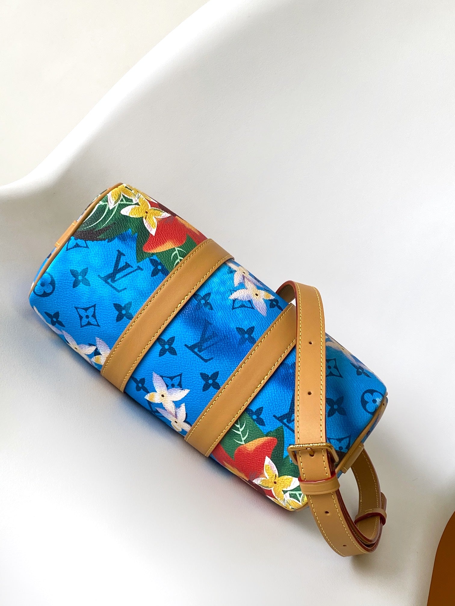 Louis Vuitton Blue Tropical Floral Mini Duffle Bag with Tan Leather Trim
