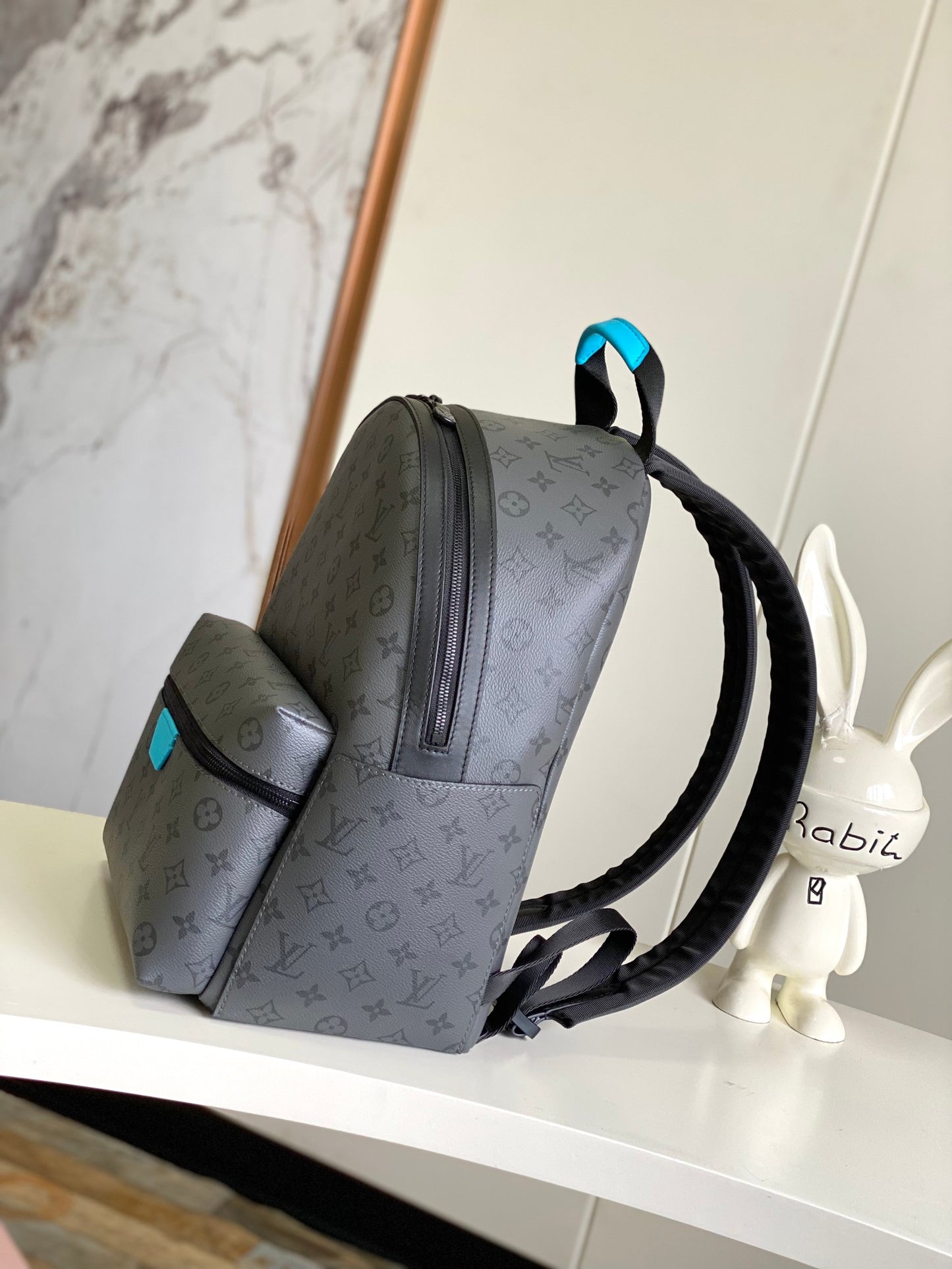 Louis Vuitton Grey Monogram Patterned Fashion Backpack with Blue Accents