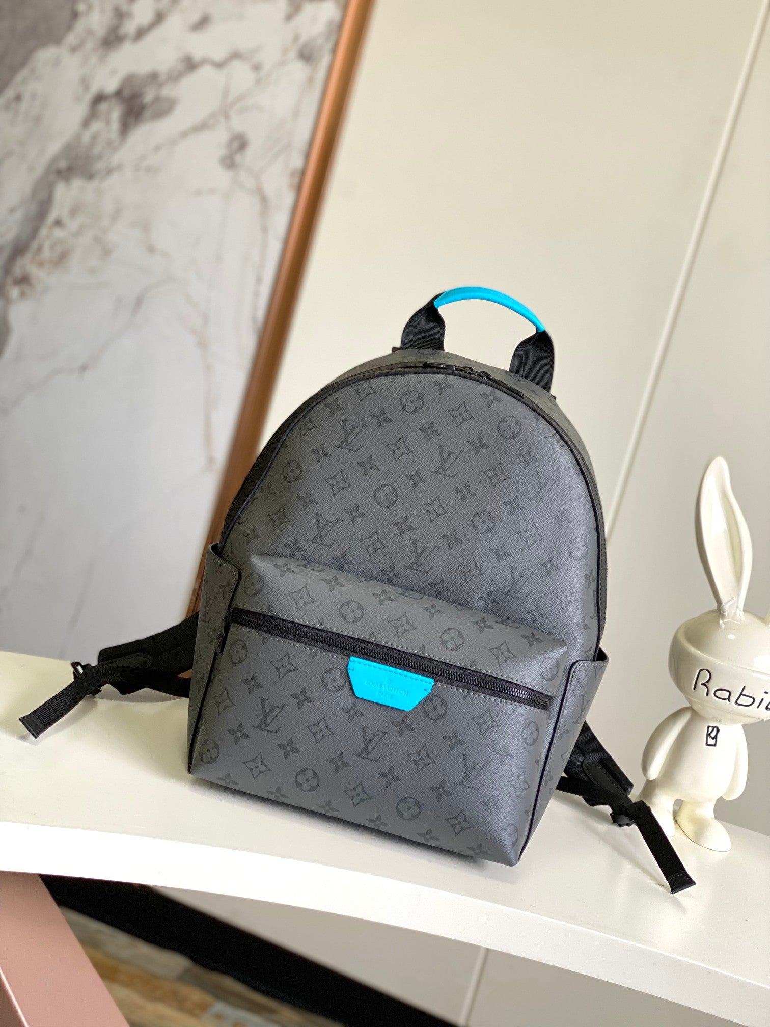 Louis Vuitton Grey Monogram Patterned Fashion Backpack with Blue Accents