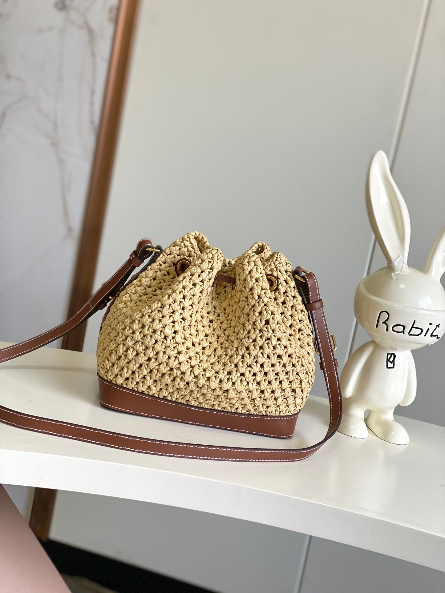 Louis Vuitton Boho Woven Straw Drawstring Bucket Bag with Leather Trim